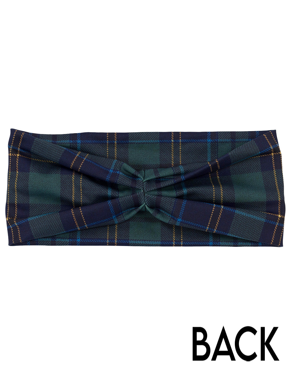back of the blue, green, and gold plaid headband