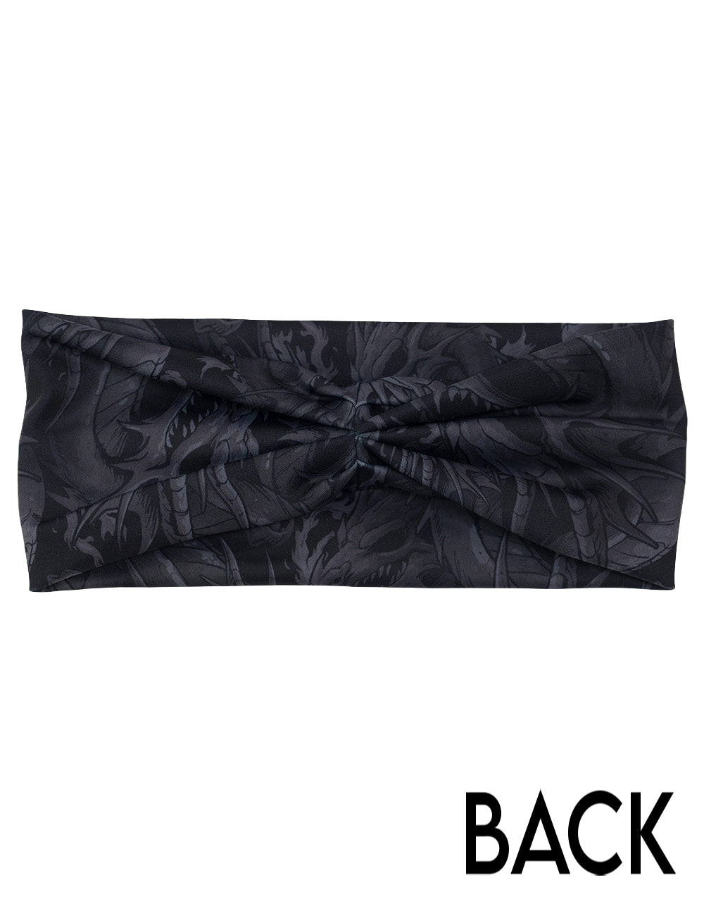 back of the black headband with grey dragons against a white background