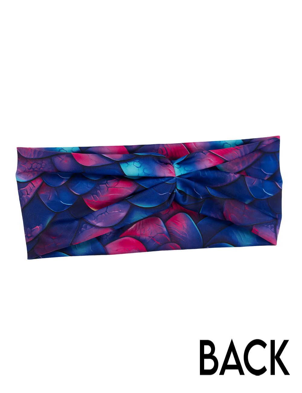 back of the blue, purple, and red colored dragon scale headband against a white background