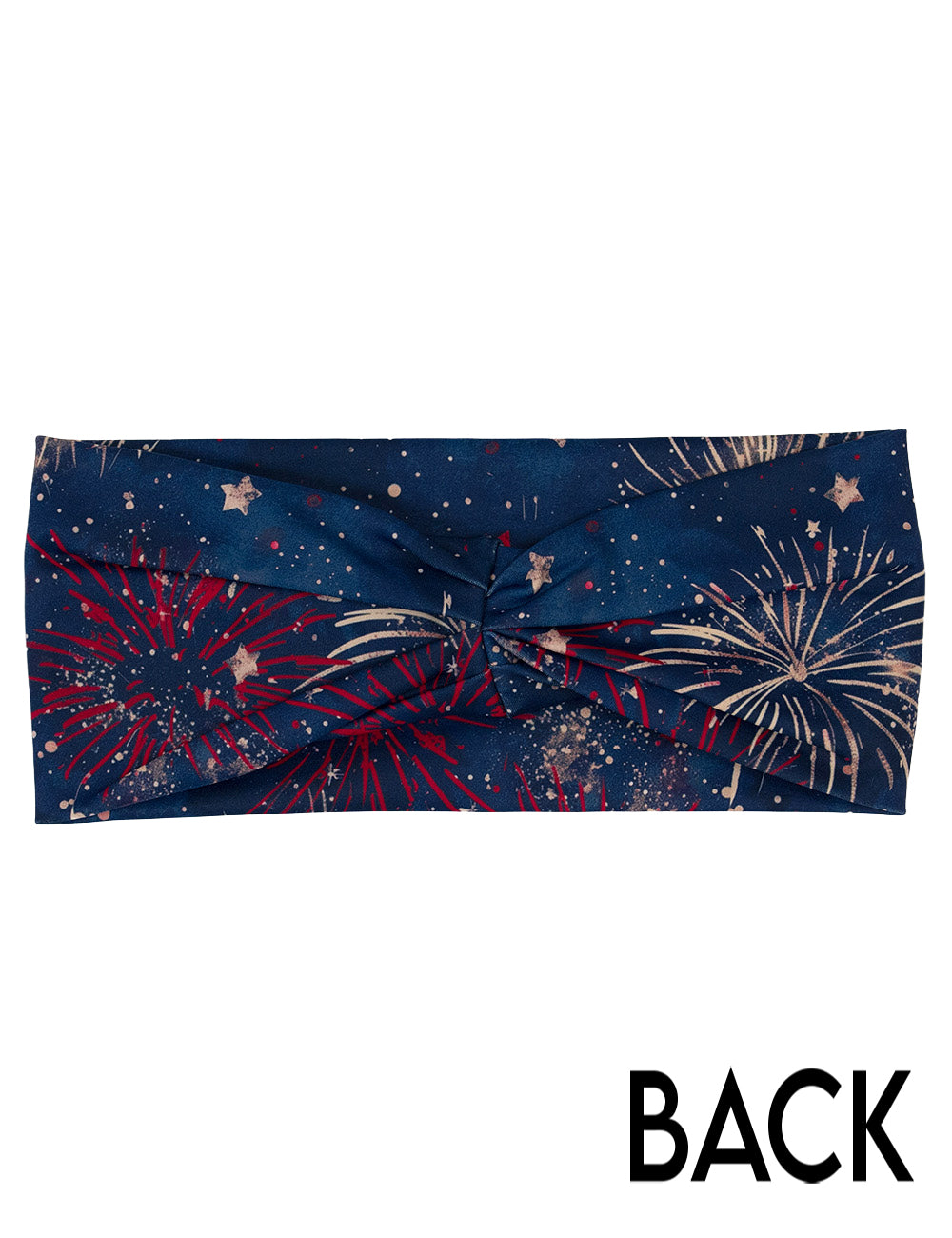 back of the blue headband with red and white fireworks against a white background