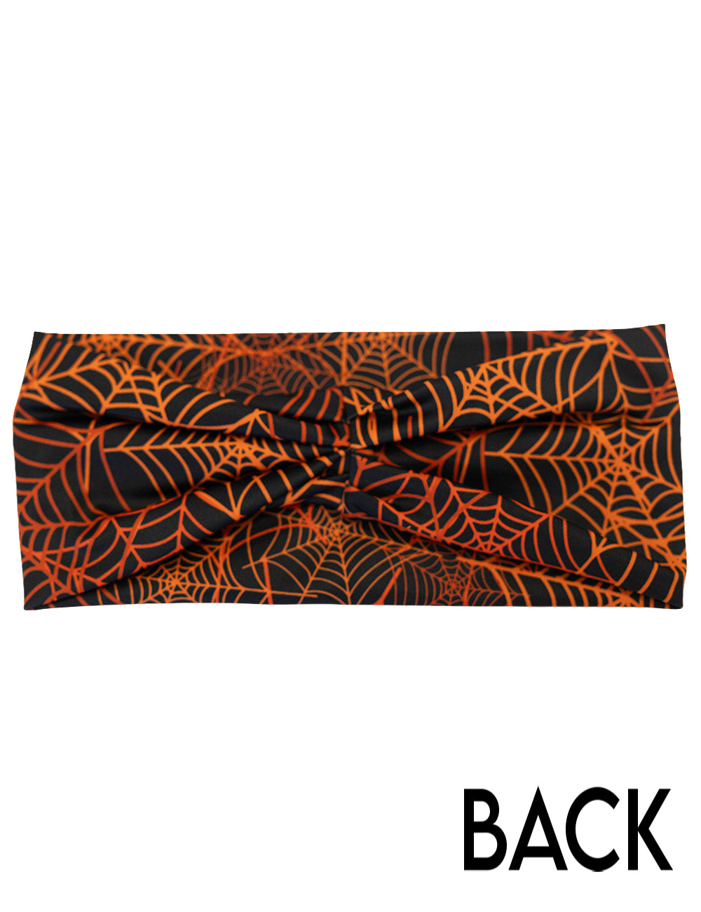 back of the black and orange spider web headband