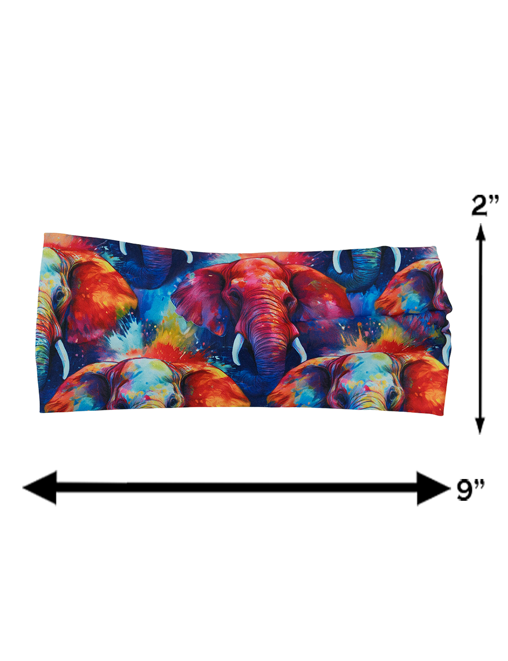 measurement graphic for the colorful elephant pattern headband, the measurements are 2 inches by 9 inches
