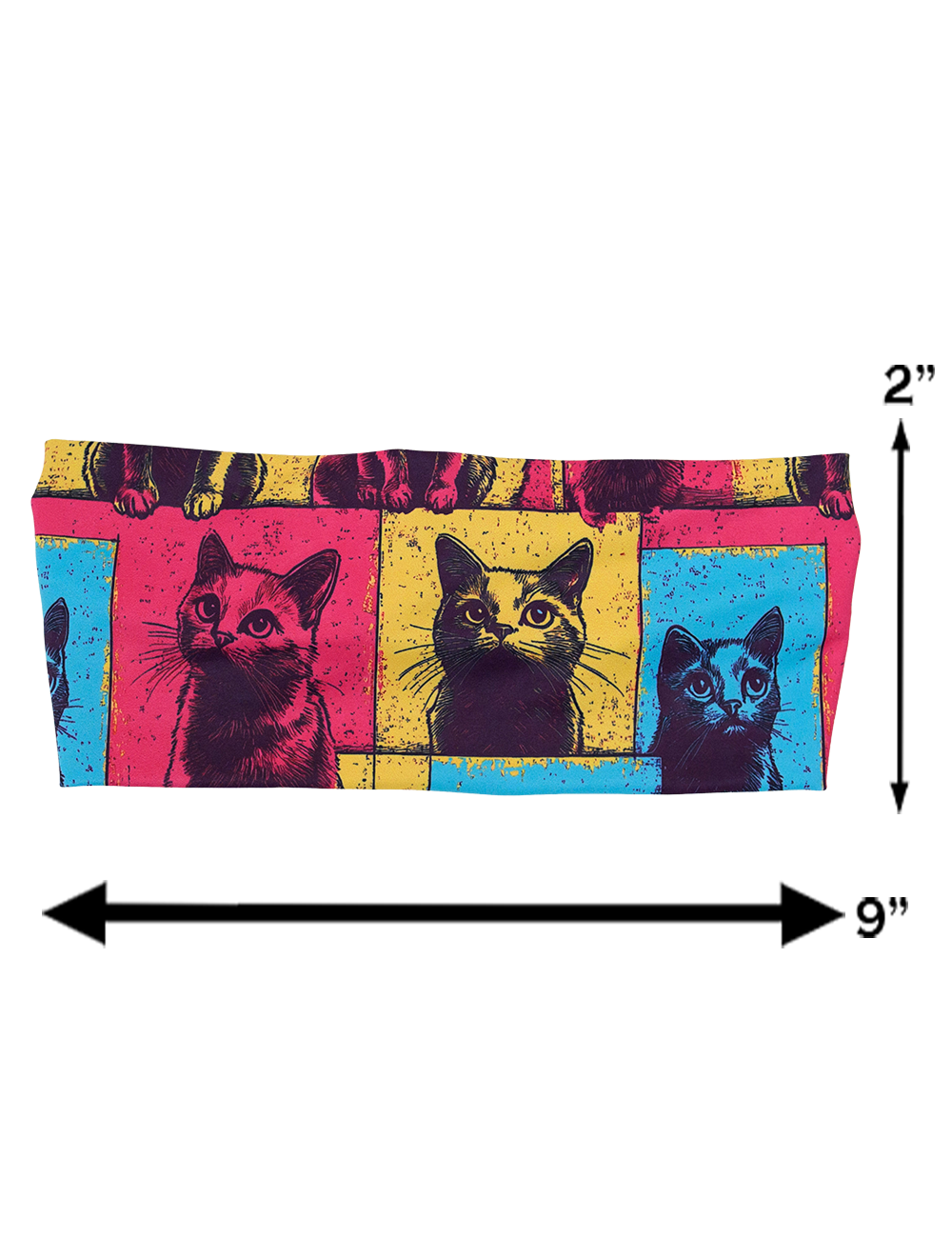 measuring chart for the red, blue, and yellow cat patchwork print , measurements are 2 inches by 9 inches