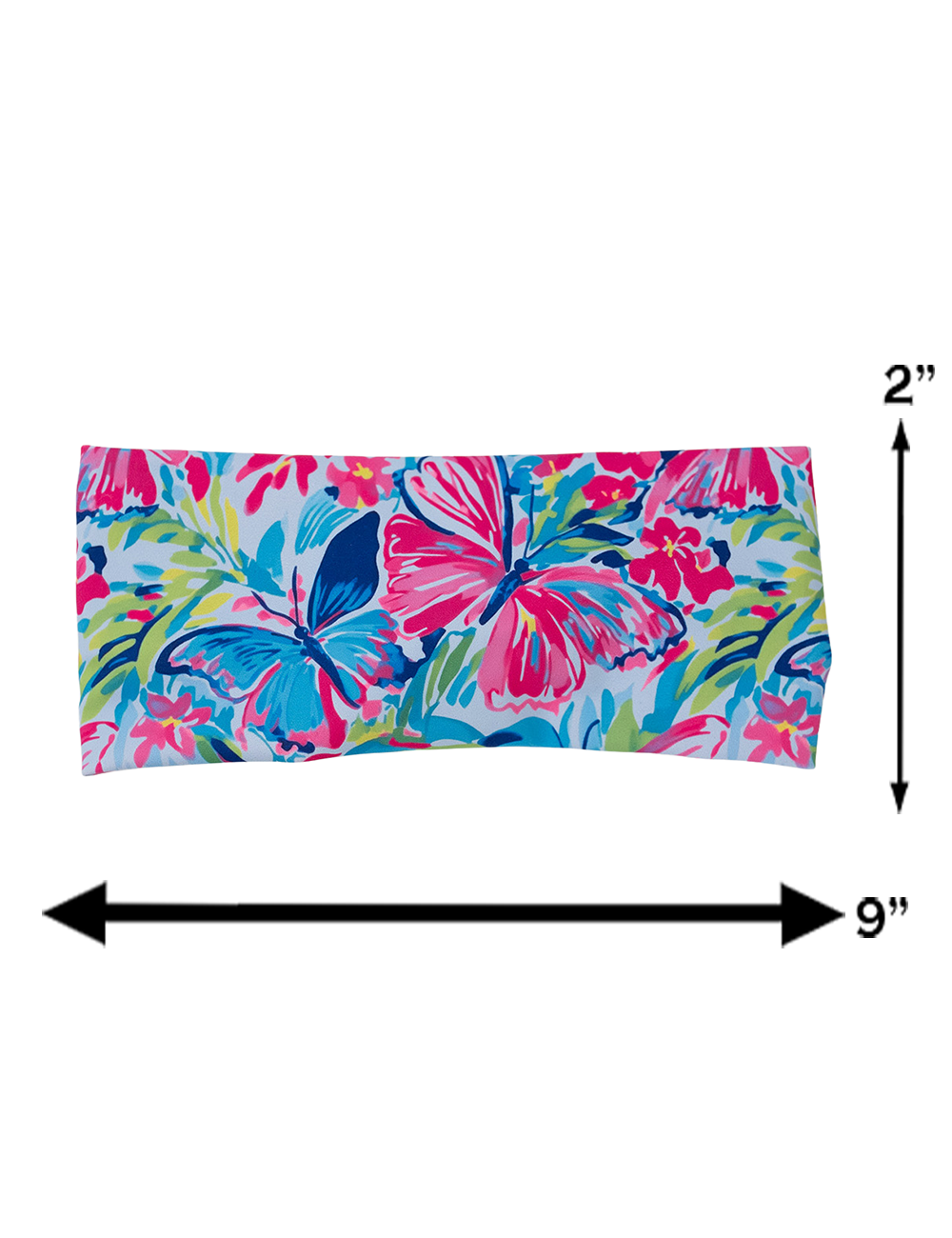 measurement chart for the colorful butterflies headband, measurements are 2 inches by 9 inches