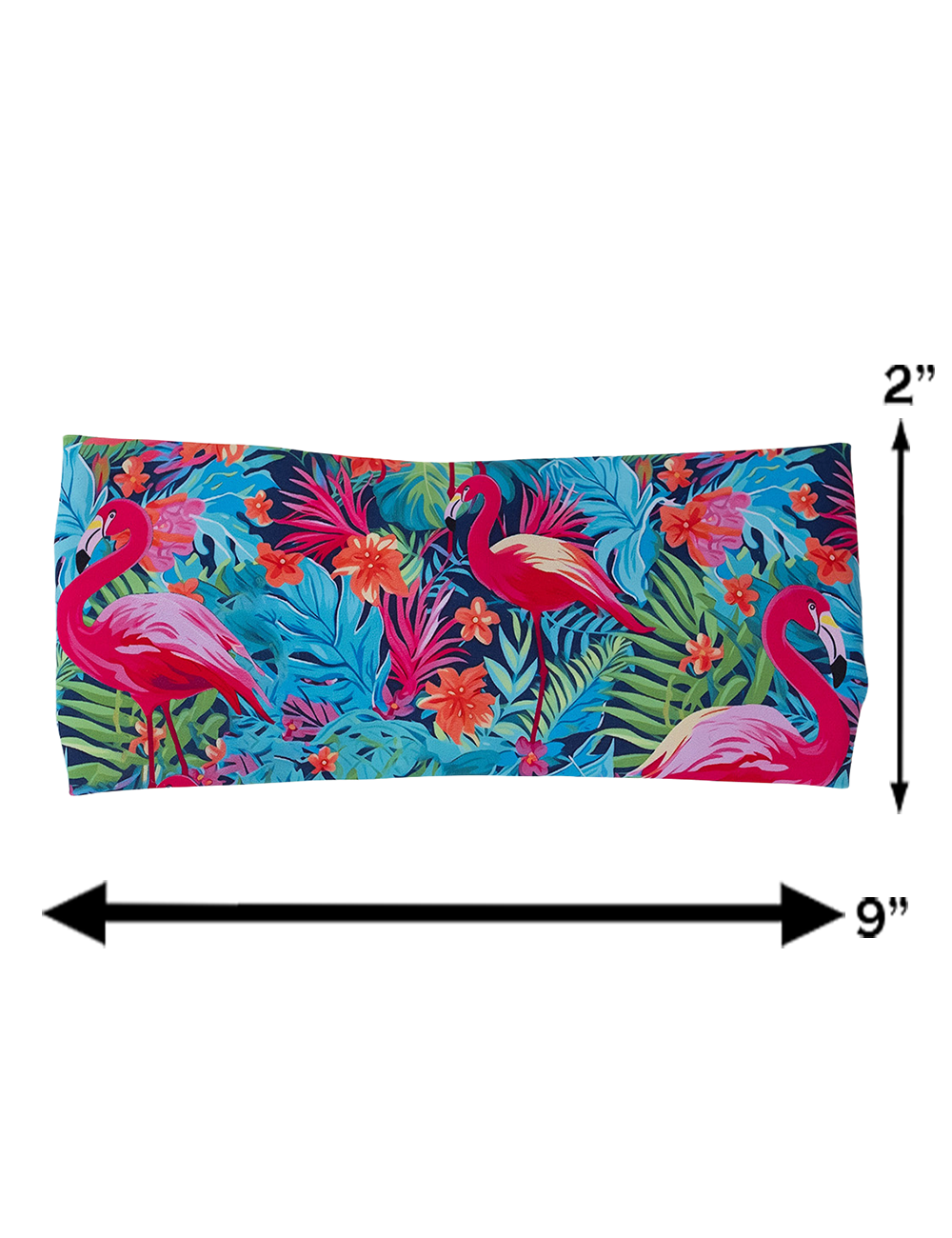 measuring chart for the pink flamingos in the jungle headband, measurements are 2 inches by 9 inches