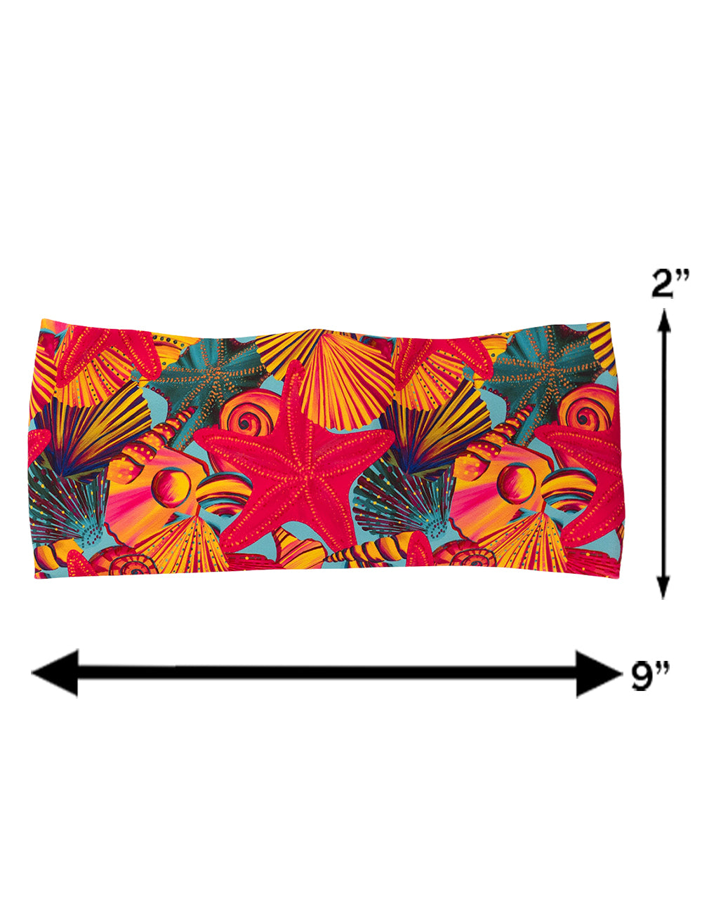 measurements for the red starfish with a yellow and blue shell background headband, 2 inches by 9 inches