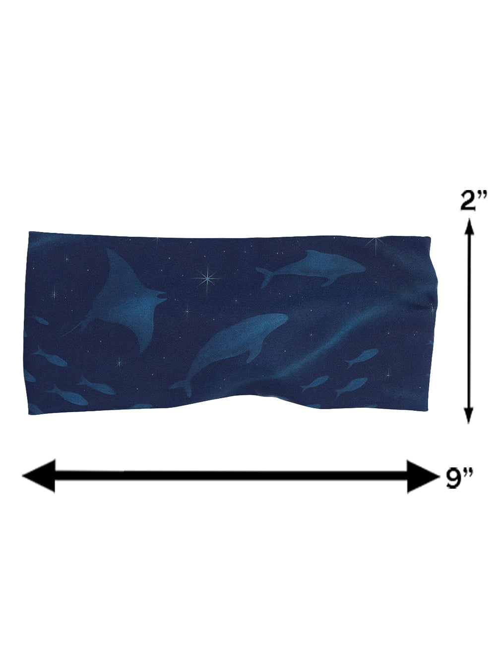measurements for the dark blue ocean filled with sting rays, whales, and fish headband, 2 inches by 9 inches