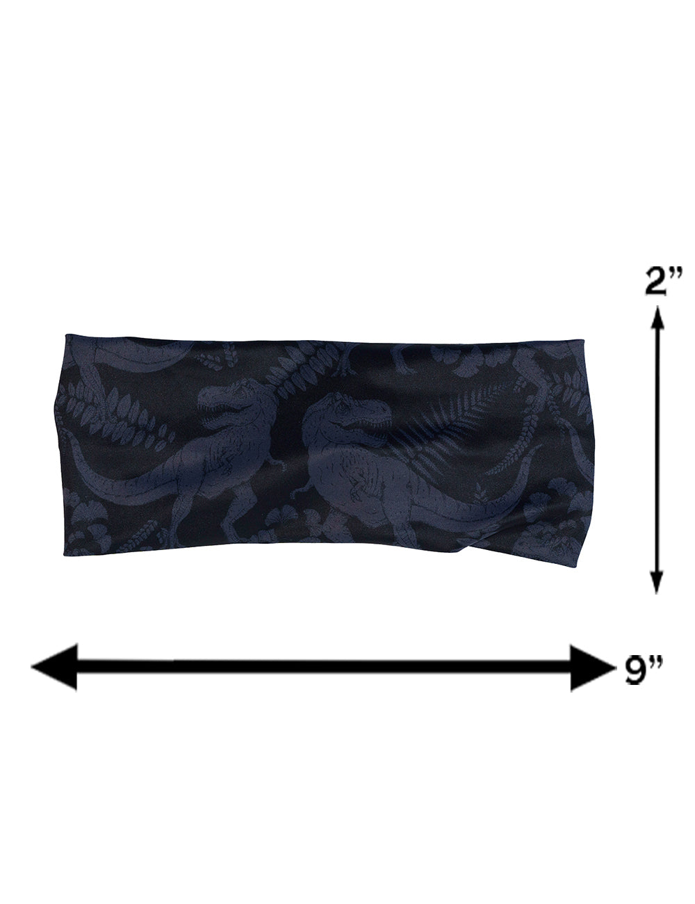 measurement chart for the black and grey dinosaur patterned headband against a white background, measurements include 2 inches by 9 inches