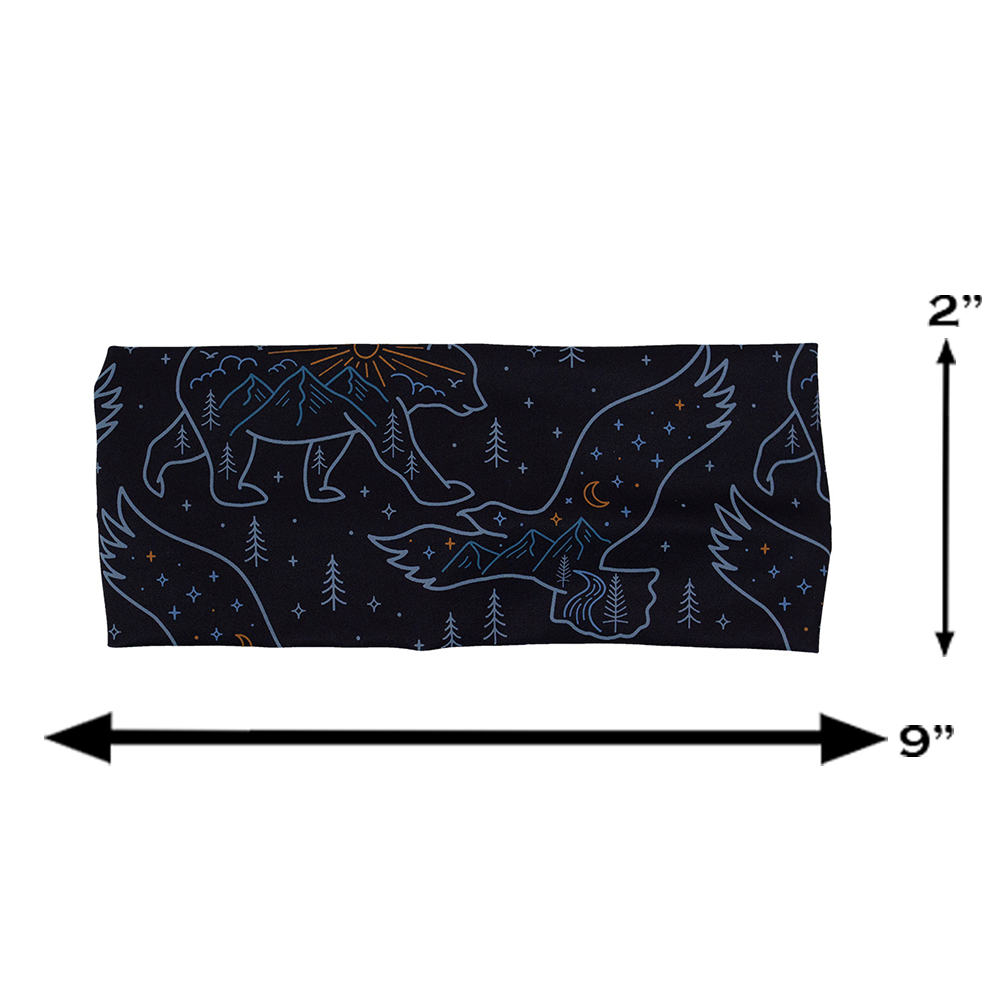 measurements for the bird and bear outlines against a dark background headband, measurements are 2 inches by 9 inches