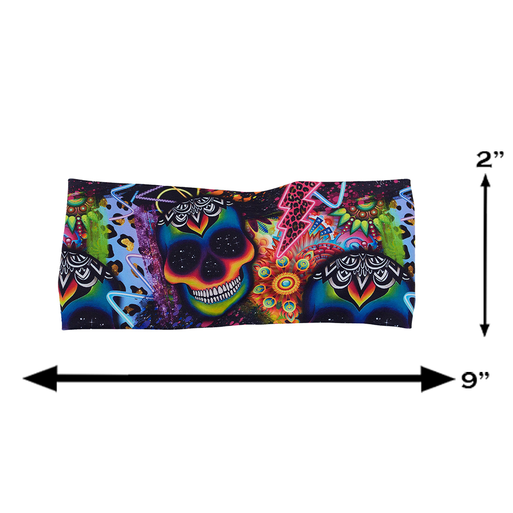 measuring graphic for the brightly colored psychedelic skulls pattern against a busy background full of designs headband, 2 inches by 9 inches