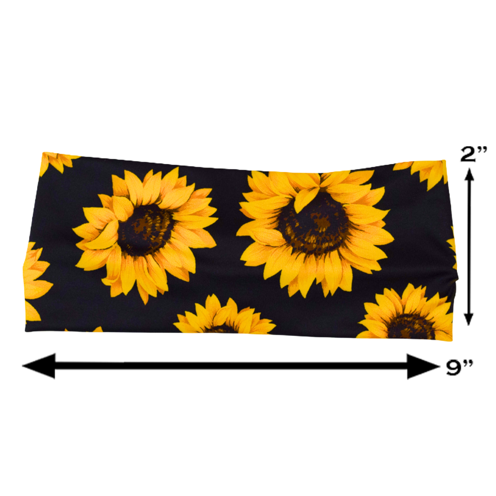 sizing graphic for the yellow flower headband, including the size of the headband which is 2 inches by 9 inches