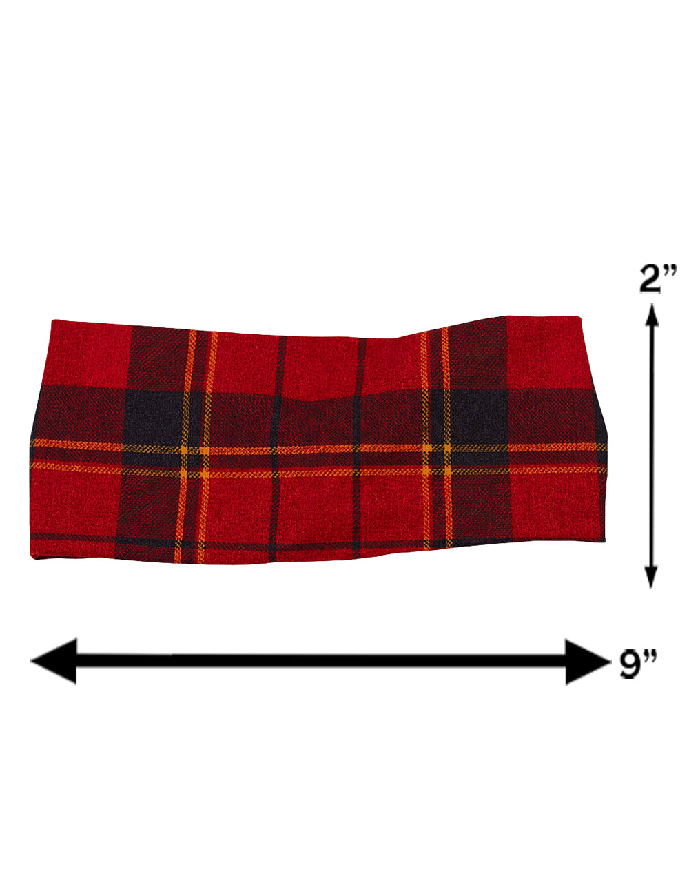 measurement chart for the red, dark red, and yellow plaid headband, measurements include 2 by 9 inches