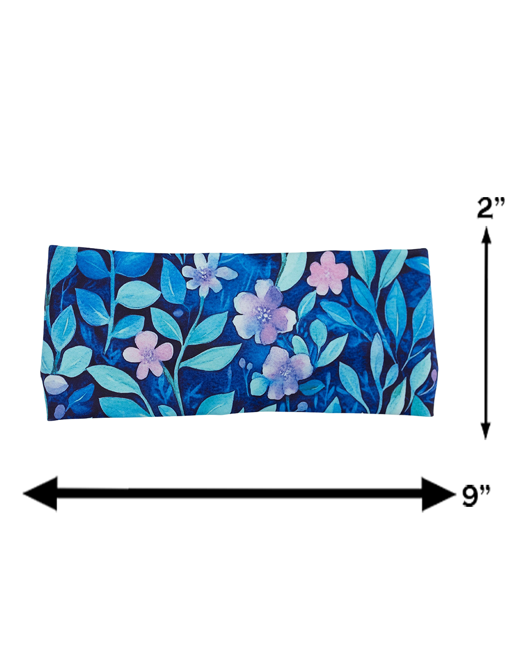 measurement chart for the blue flowers and vines headband, measurements are 2 inches by 9 inches