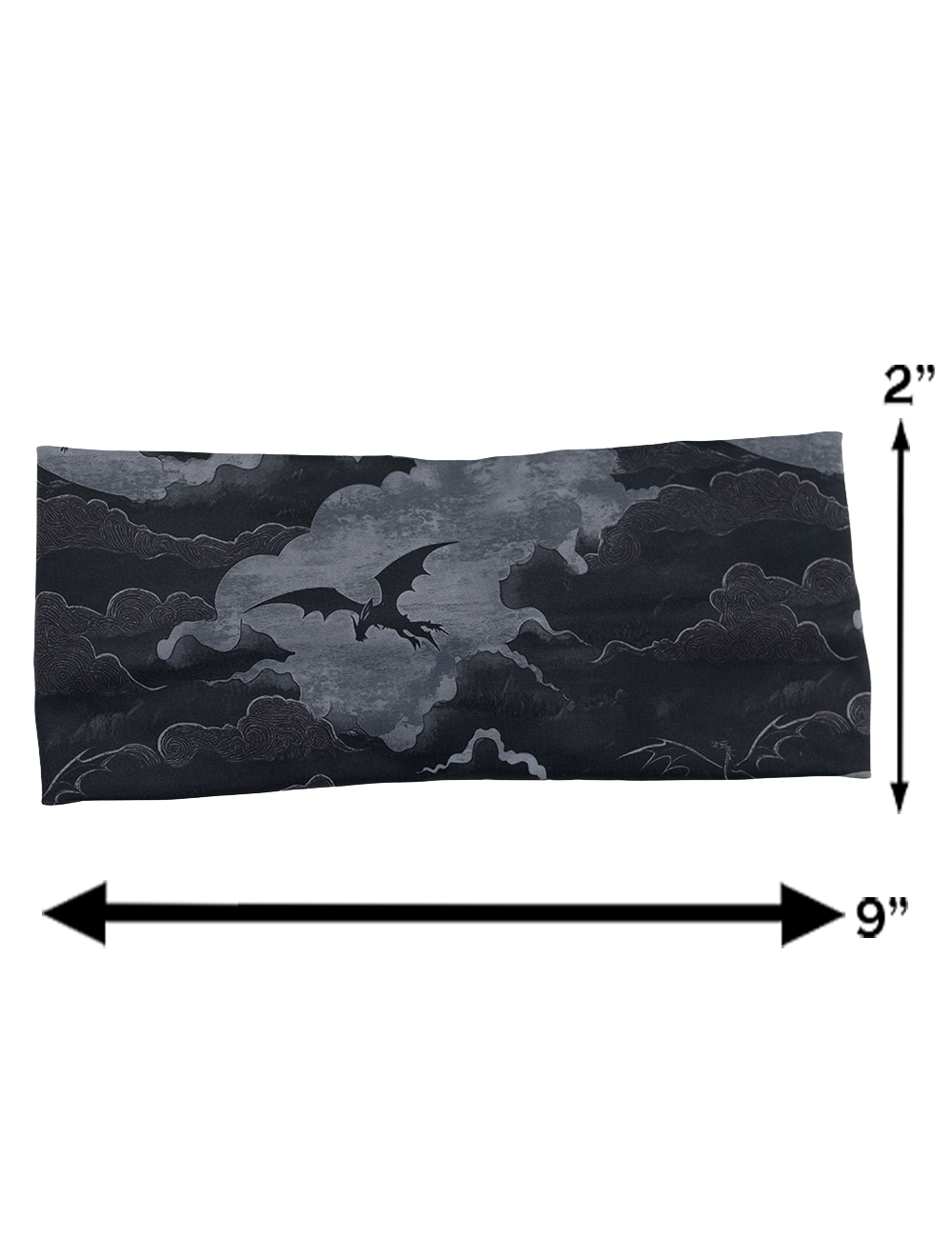 measurements for the dark dragon against moonlit clouds pattern headband, measurements include 2 inches by 9 inches