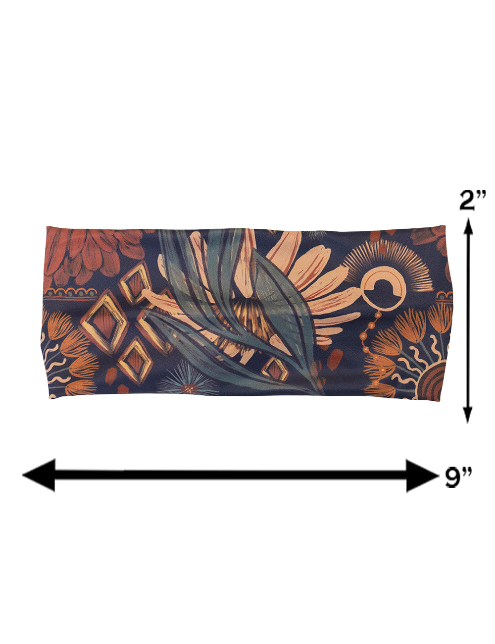 measurement chart for the paisley flower headband, measurements are 2 inches by 9 inches