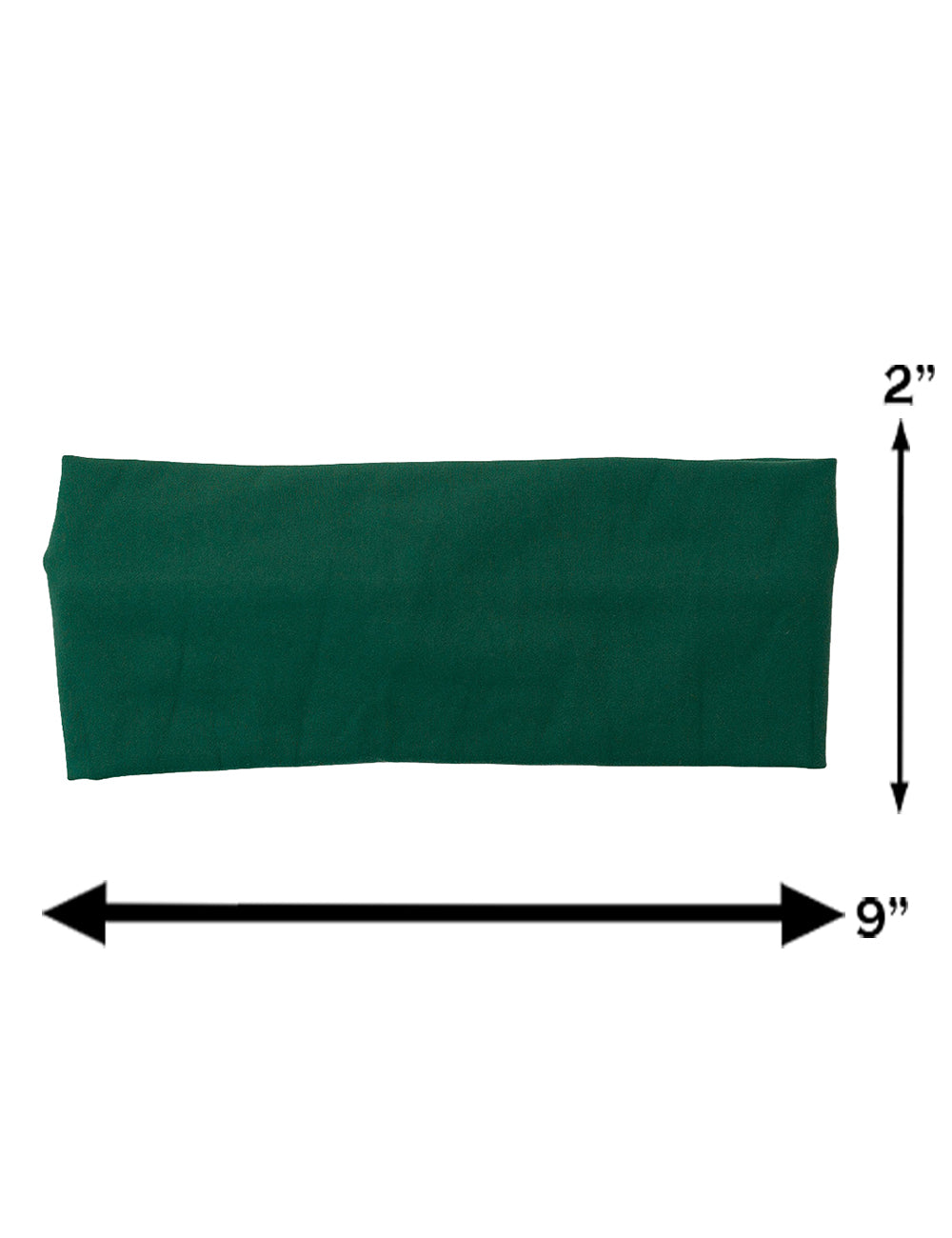 measurment chart for the green headband, measurements are 2 inches by 9 inches
