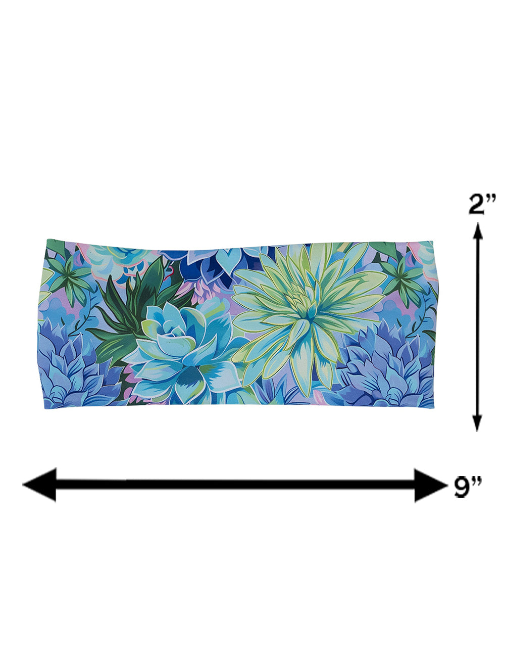 measurement chart for the blue toned flower headband, measurements include 2 inches by 9 inches