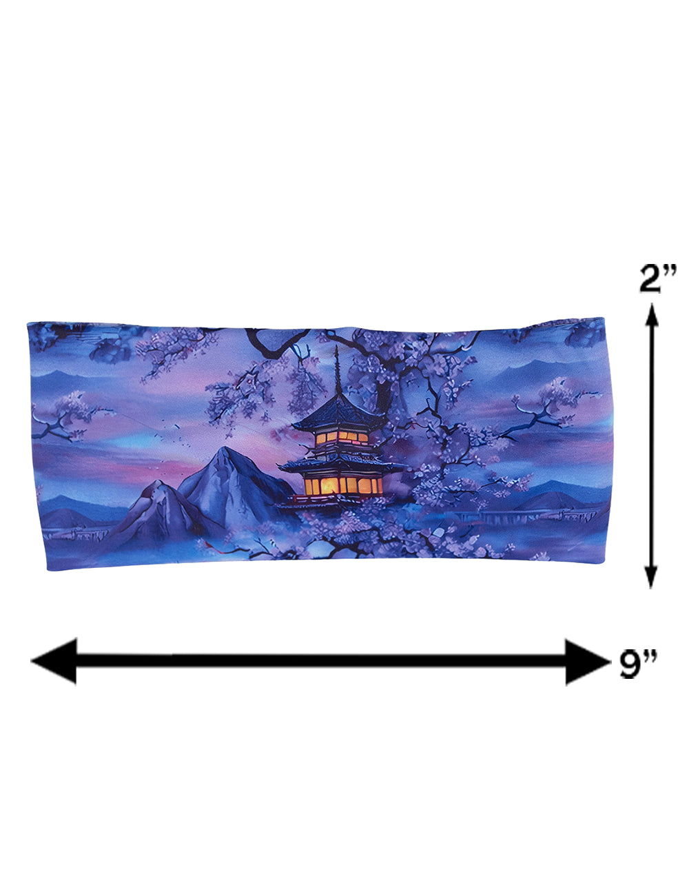 measurement chart for the blue and lavender headband with blooming cherry trees and a pagoda, measurements are 2 inches by 9 inches