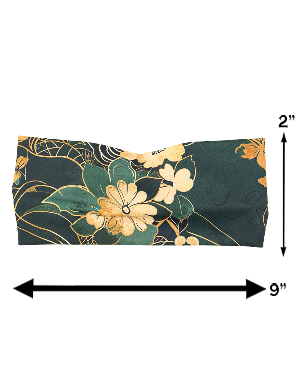 measurement chart for the gold flower and green leaf headband, measurements are 2 inches by 9 inches
