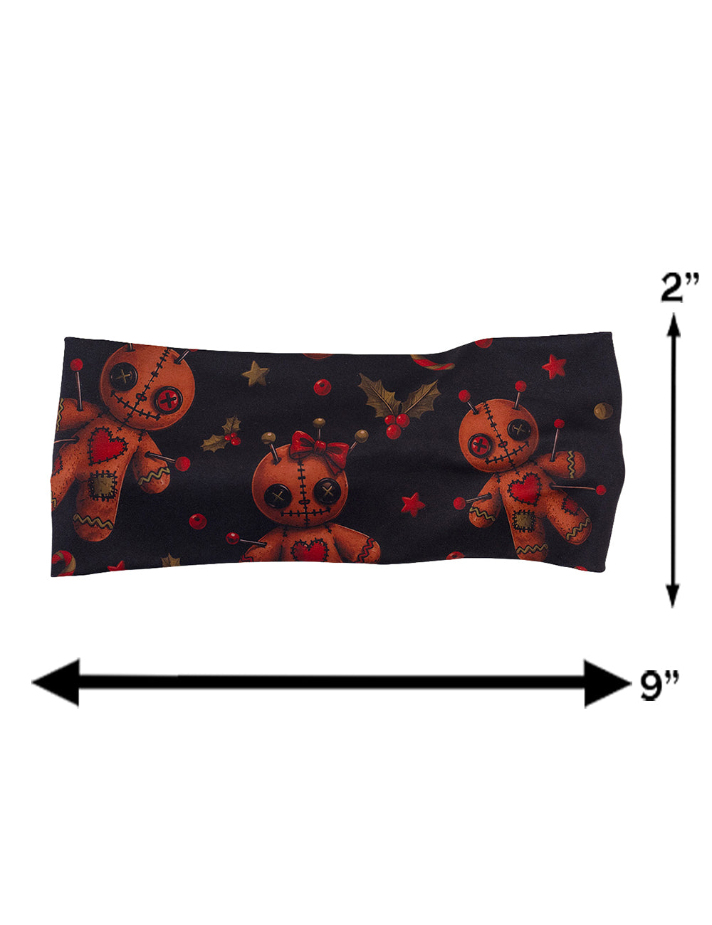 measurement chart for the gingerbread voodoo dolls with pins in them surrounded by berries and stars on a black background headband, measurements are 2 inches by 9 inches