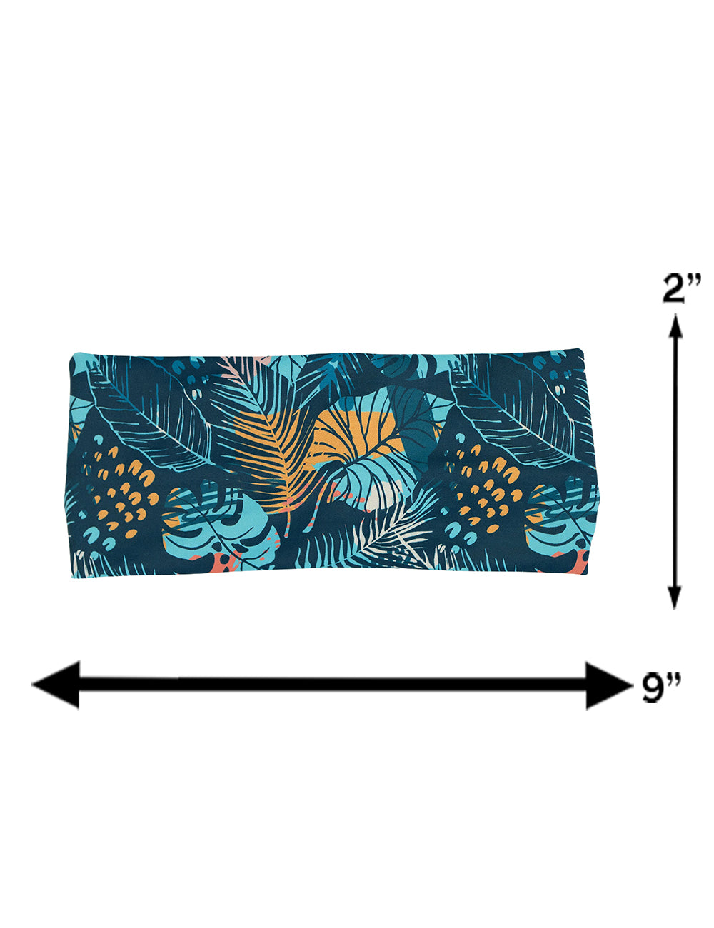 measurement table for the blue, pink, yellow, and red tropical leaves headband, measurements include 2 inches by 9 inches