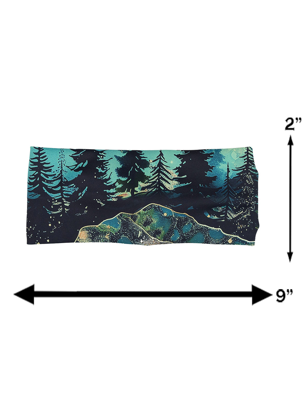 measurement chart for the aurora forest headband, measurements are 2 inches by 9 inches