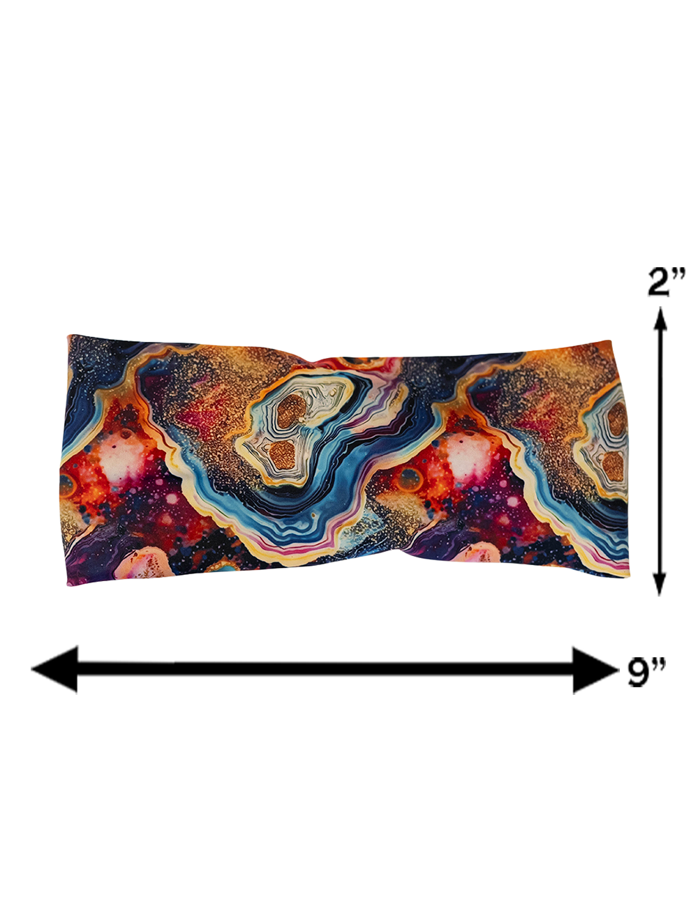 measurements for the colored marble pattern headband, the measurements are 2 inches tall and 9 inches wide