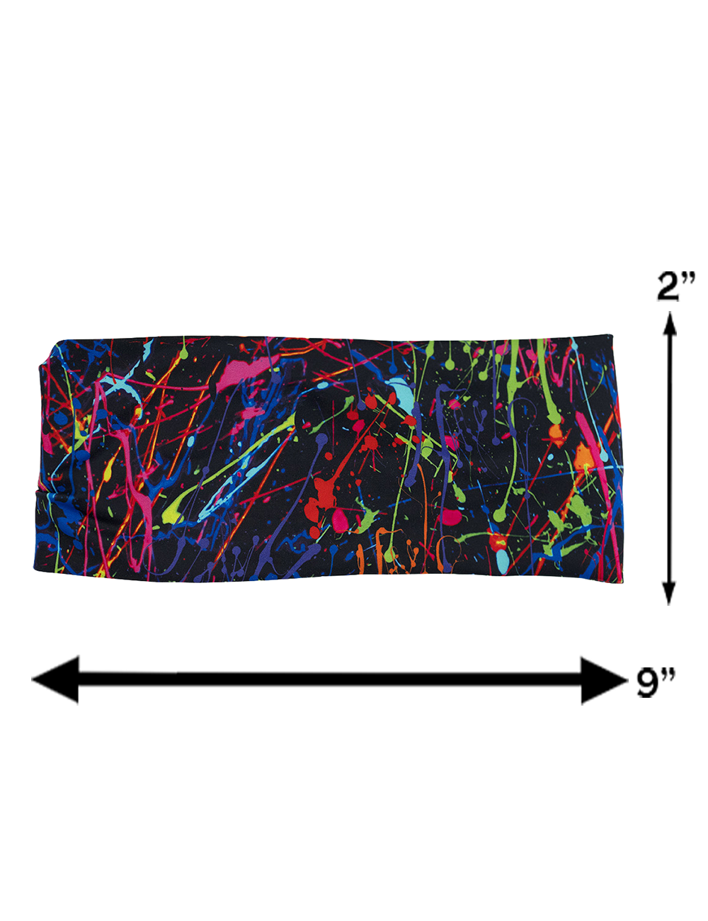 measurements for the rainbow paint splatter against a black background  headband, measurements are 2 inches by 9 inches