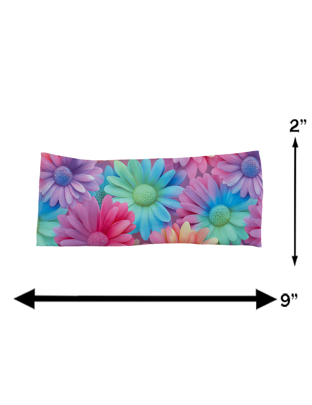 measurement chart for the pastel flower headband, measurements are 2 inches by 9 inches