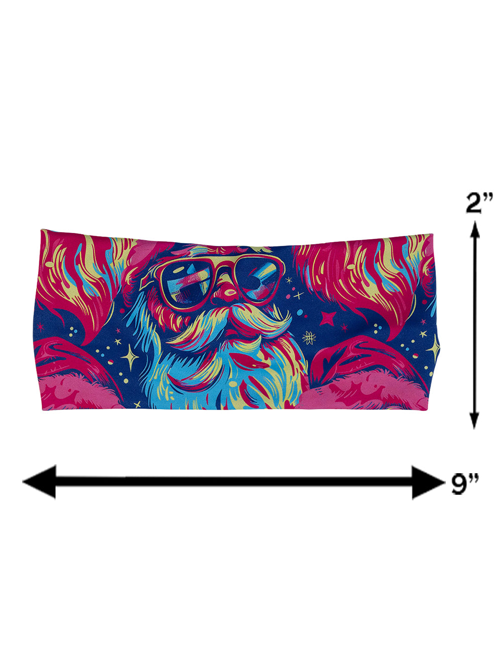 measurement chart for the colorful Santa-in-sunglasses headband, measurements are 2 inches by 9 inches