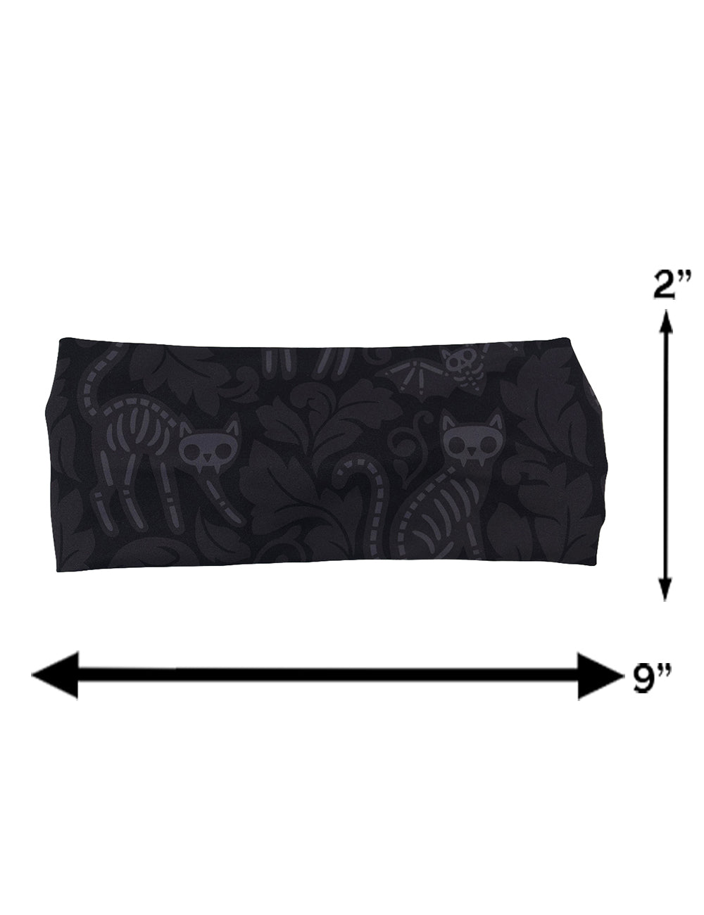 measurement chart for the dark grey skeleton cats and bats headband, measurements are 2 inches by 9 inches