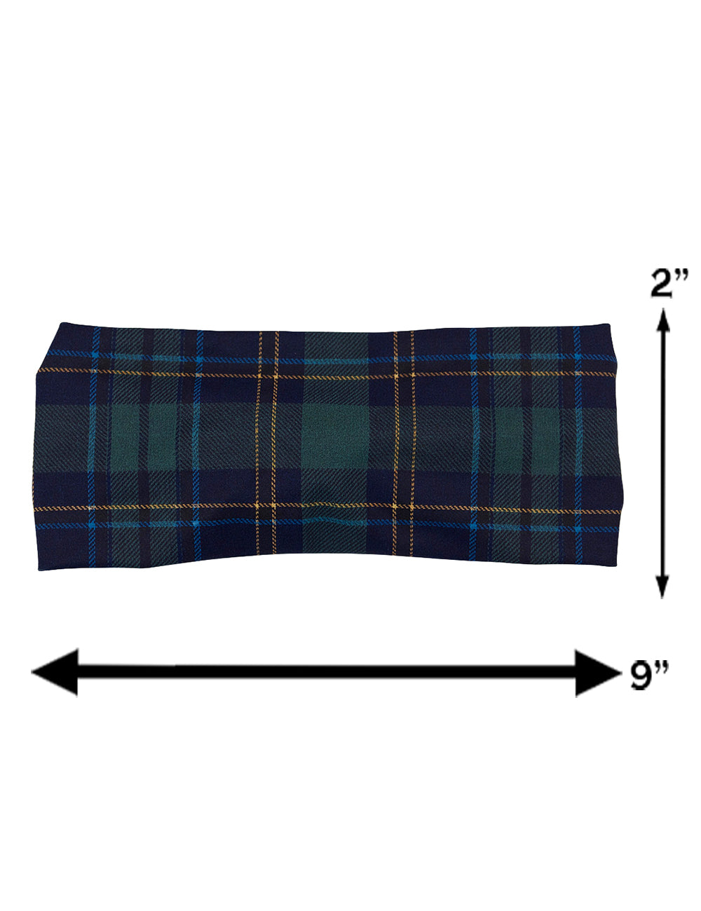 measurement chart for the blue, green, and gold plaid headband, measurements include 2 inches by 9 inches