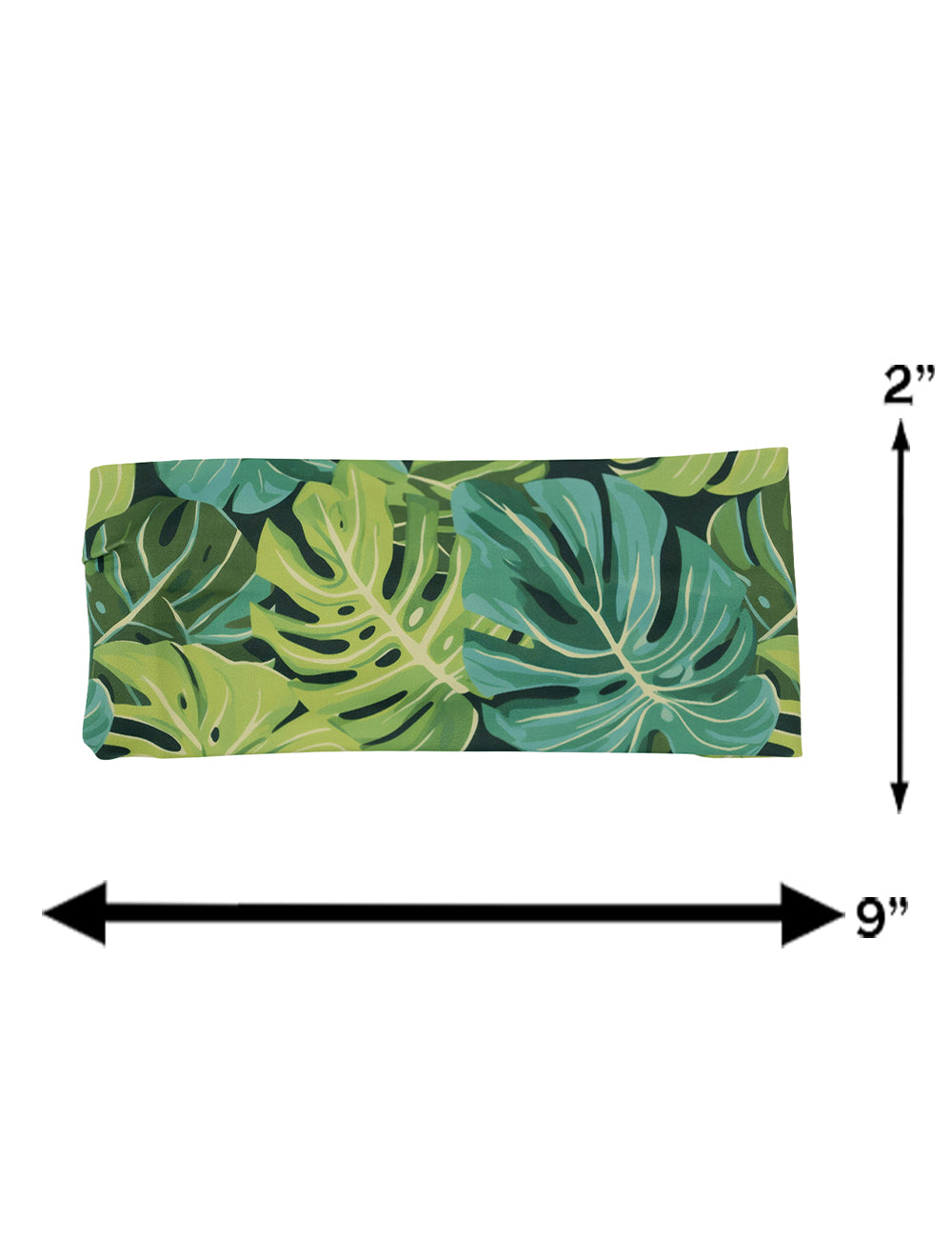 measure chart for the green tropical leaves headband, measurements include 2 inches by 9 inches