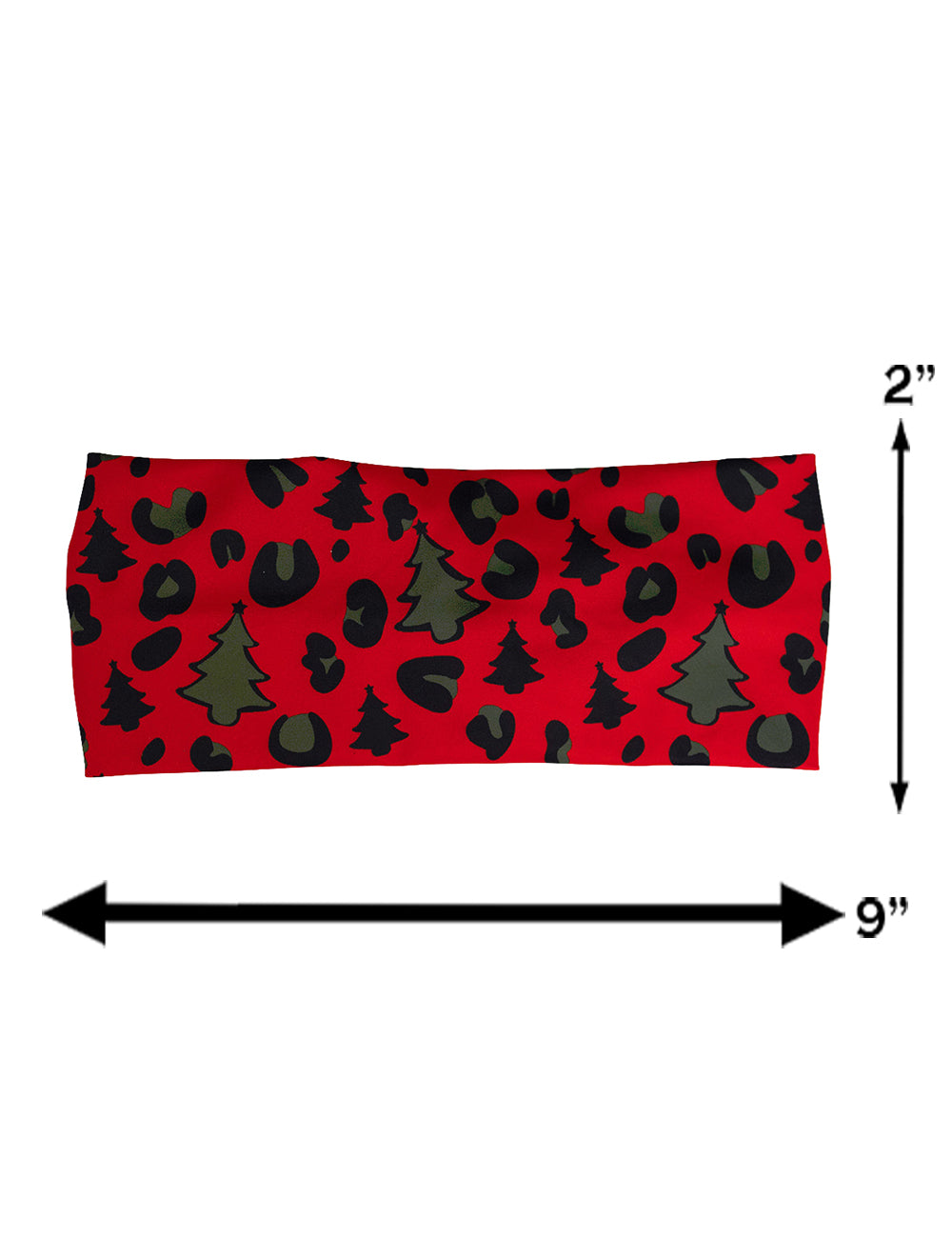 measurement chart for the red and brown Christmas trees and leopard print headband, measurements include 2 inches by 9 inches