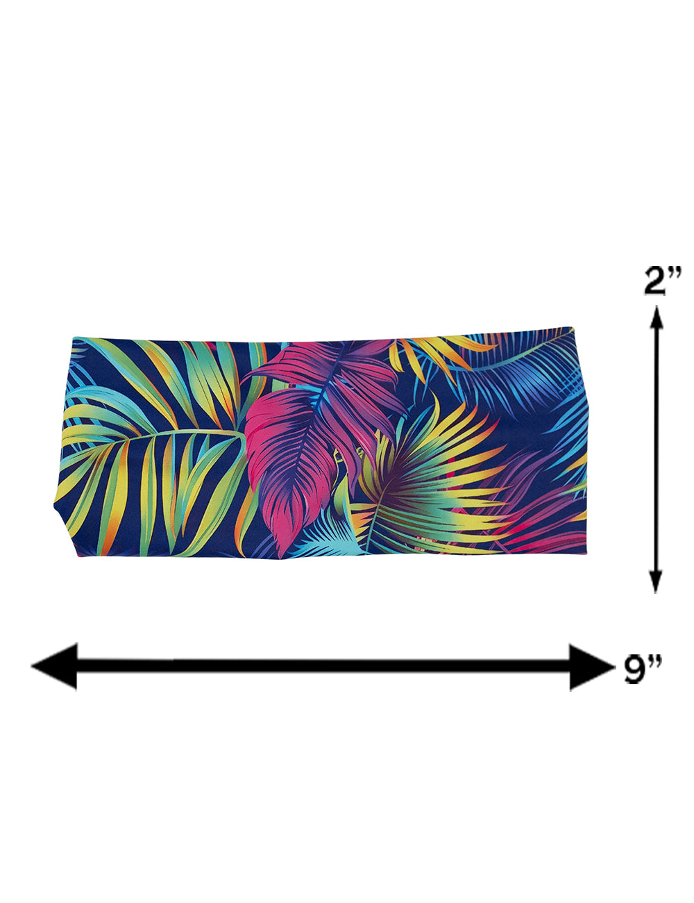 measurement chart for the vibrant tropical leaves headband, measurements include 2 inches by 9 inches
