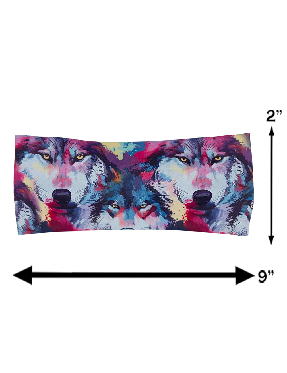 measurement graphic for the watercolor red, white, blue, and yellow wolves, dimensions are 2 inches by 9 inches