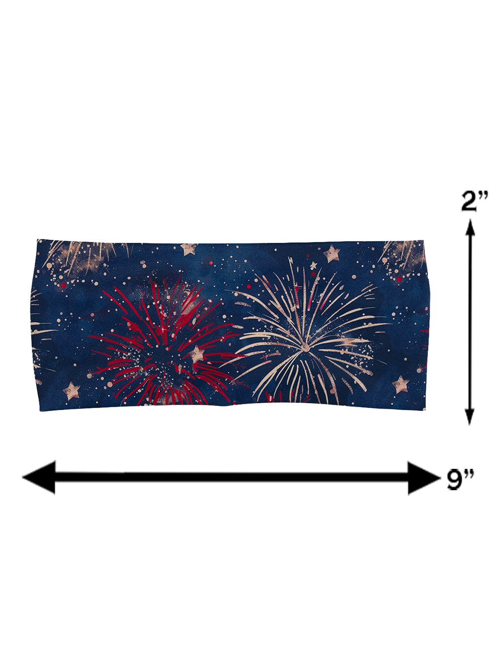 measurement chart for the blue headband with red and white fireworks, measurements are 2 inches by 9 inches