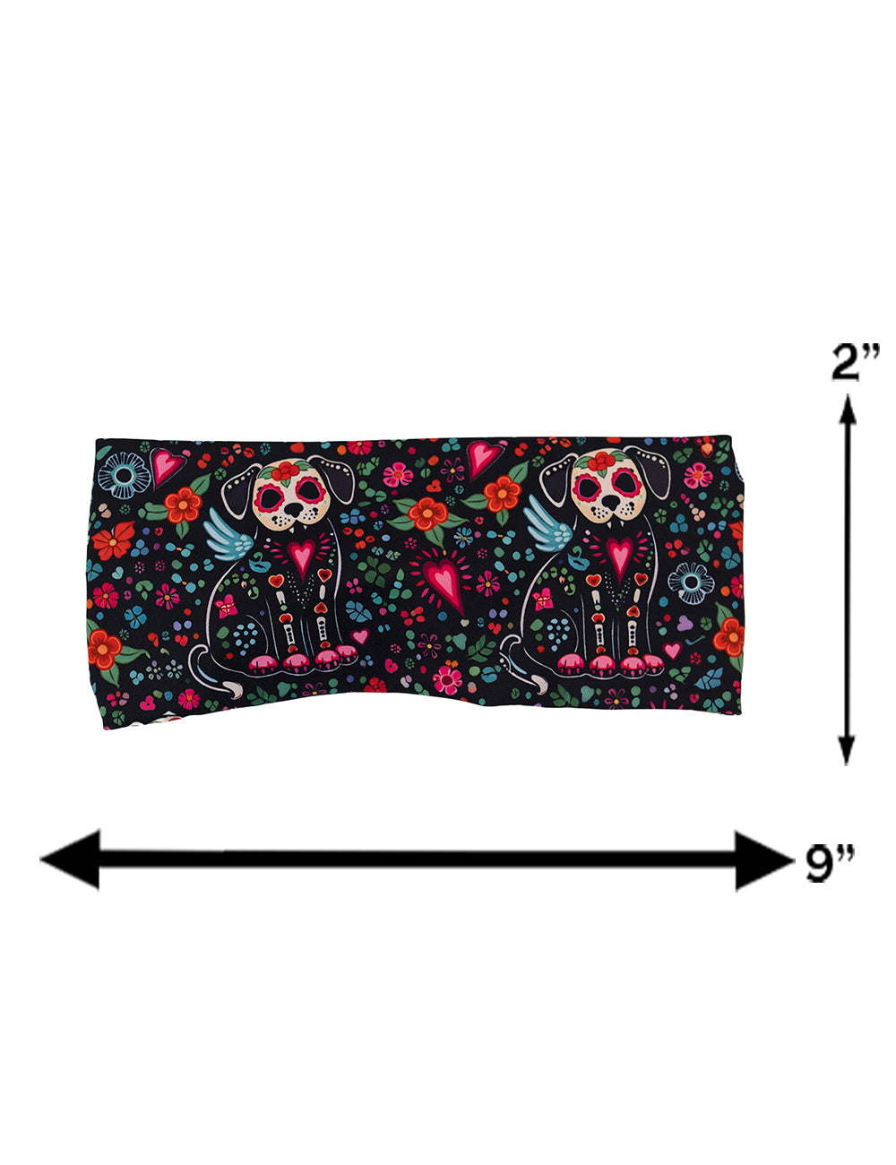 measuring chart for the skeleton dogs surrounded by flowers headband, measurements are 2 inches by 9 inches