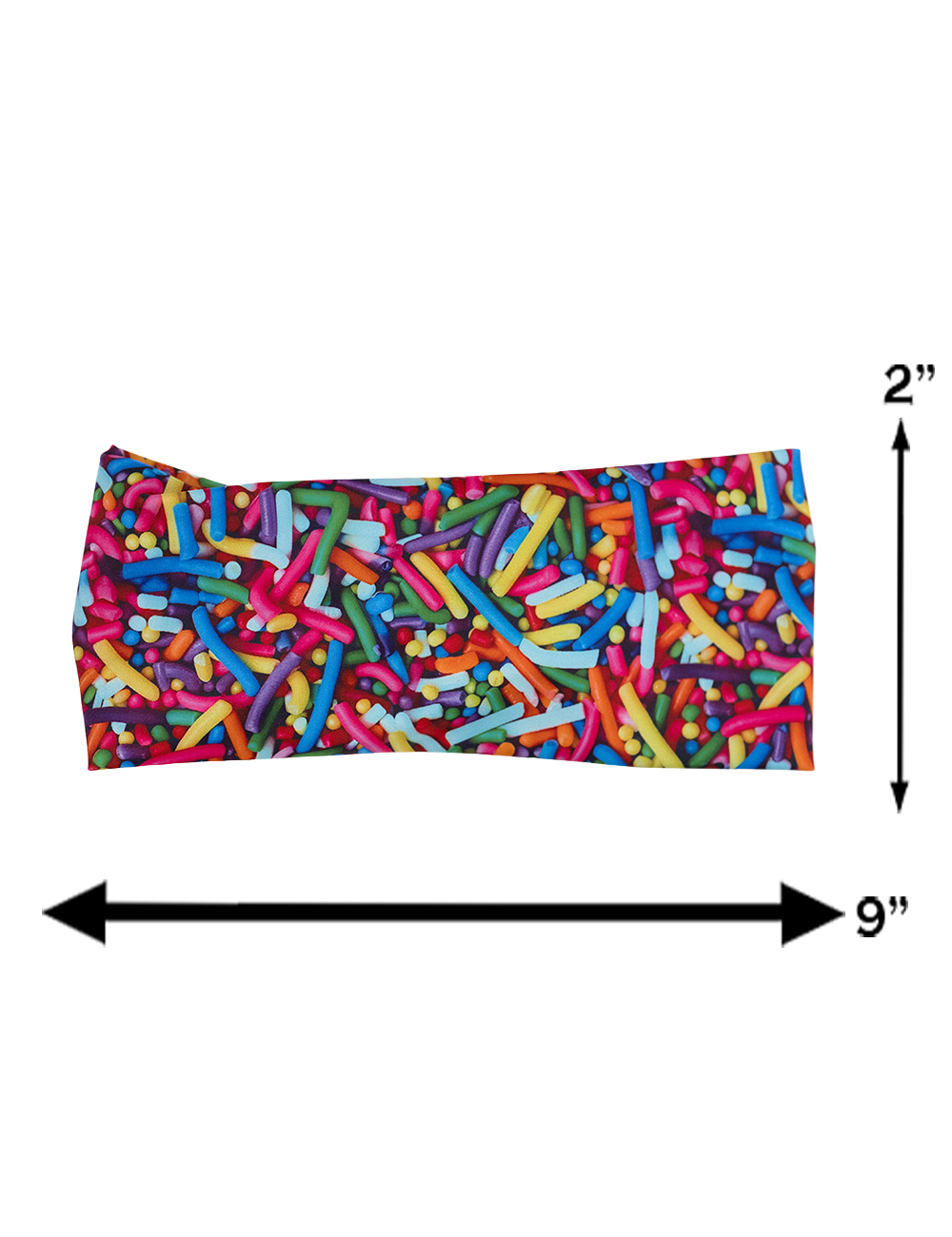 rainbow sprinkles headband measuring graphic, measurements are 2 inches by 9 inches