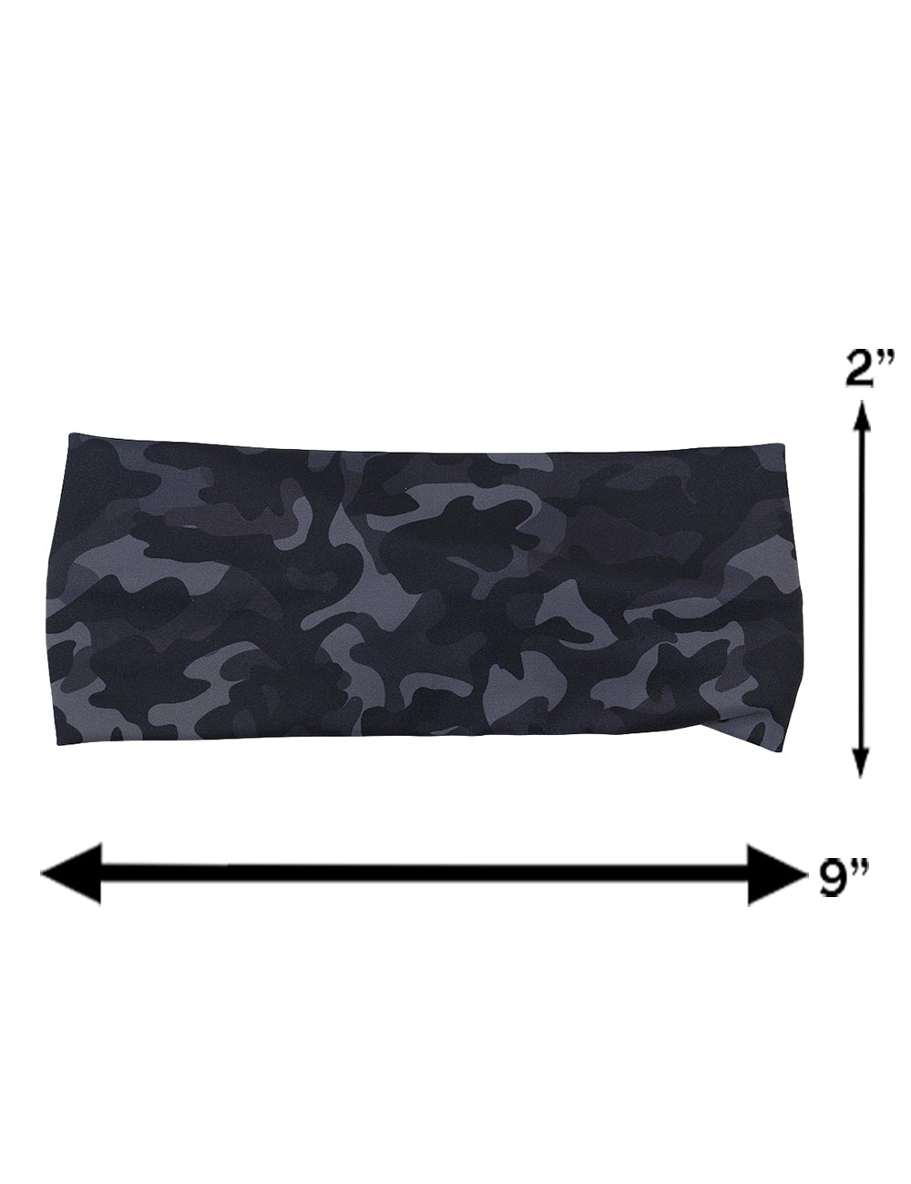 measurement chart for the black camo print headband, measurements are 2 inches by 9 inches