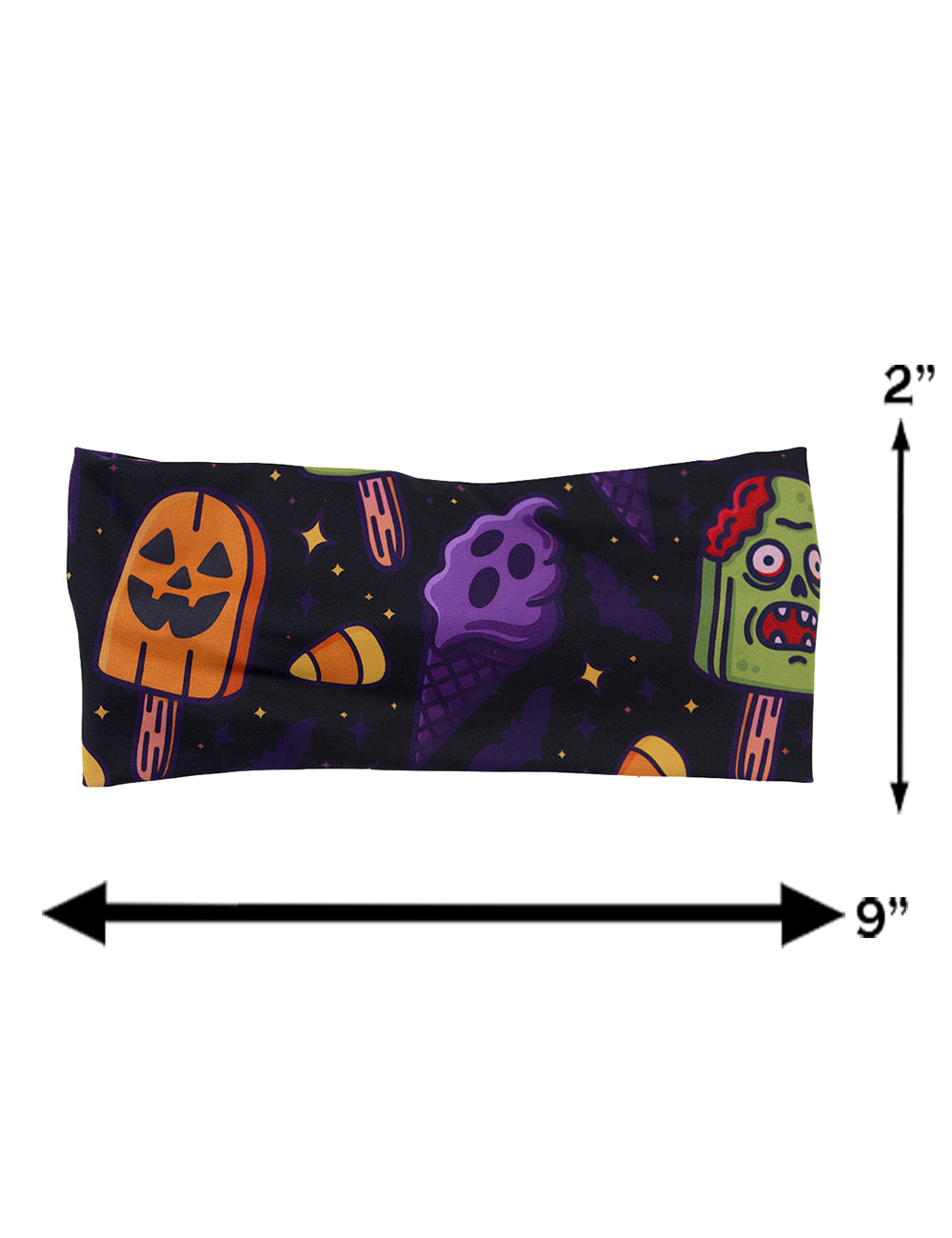 measurement chart for the jack o lantern, zombie, and ghost cold treats, measurements are 2 inches by 9 inches