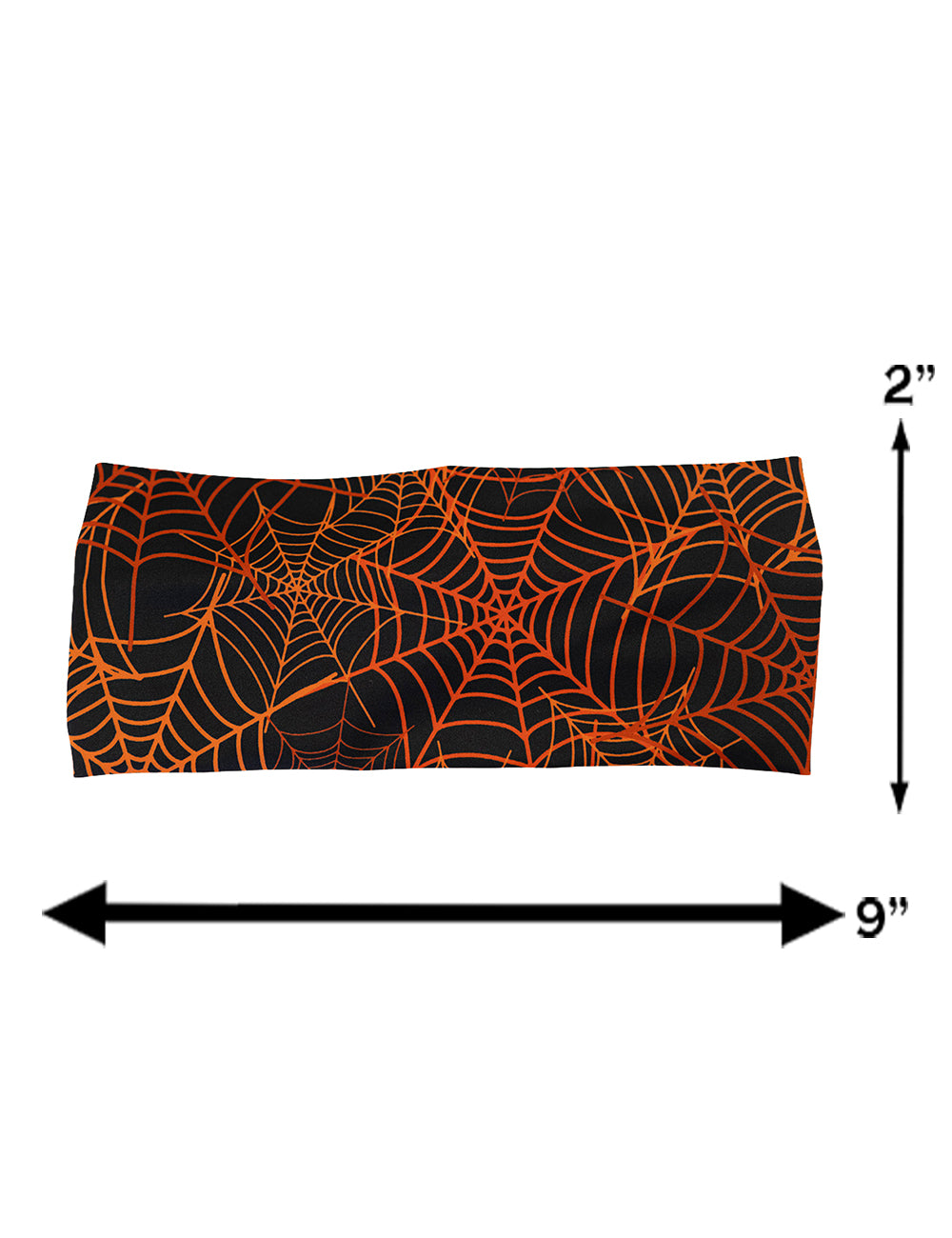 measurement chart for the black and orange spider web headband, measurements are 2 inches by 9 inches