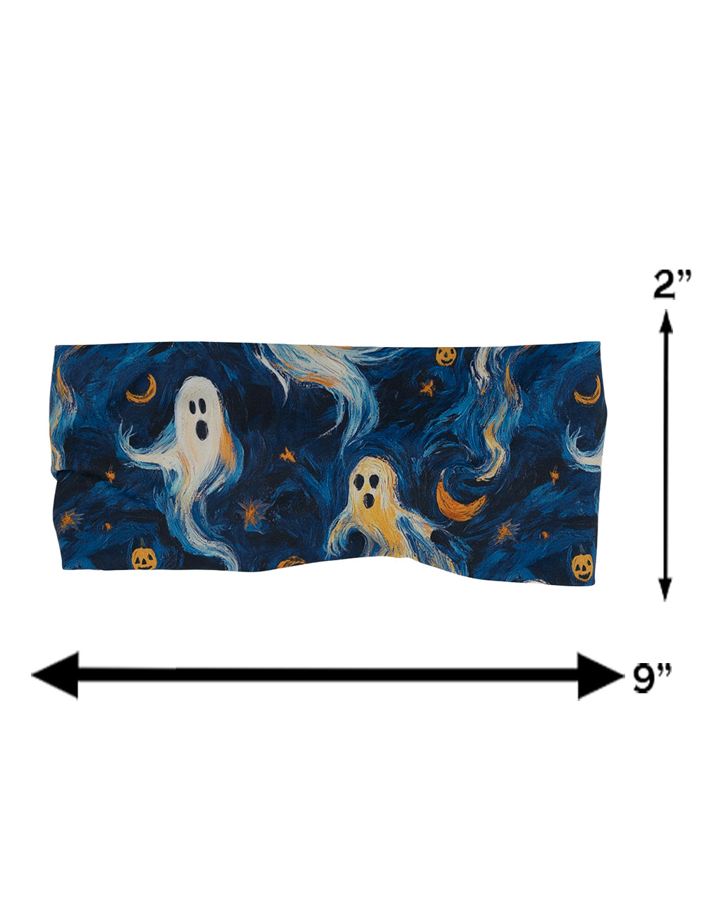 measurement chart for the starry night ghosts headband, measurements are 2 inches by 9 inches