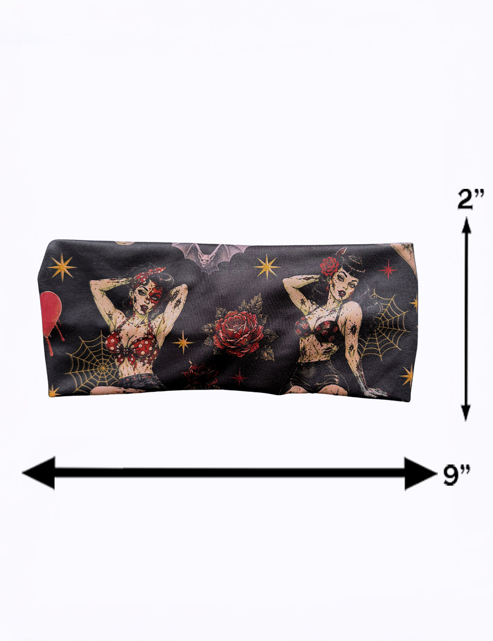 measurement chart for the zombie girls with pin up hair and traditional tattoo designs headband, measurements are 2 inches by 9 inches
