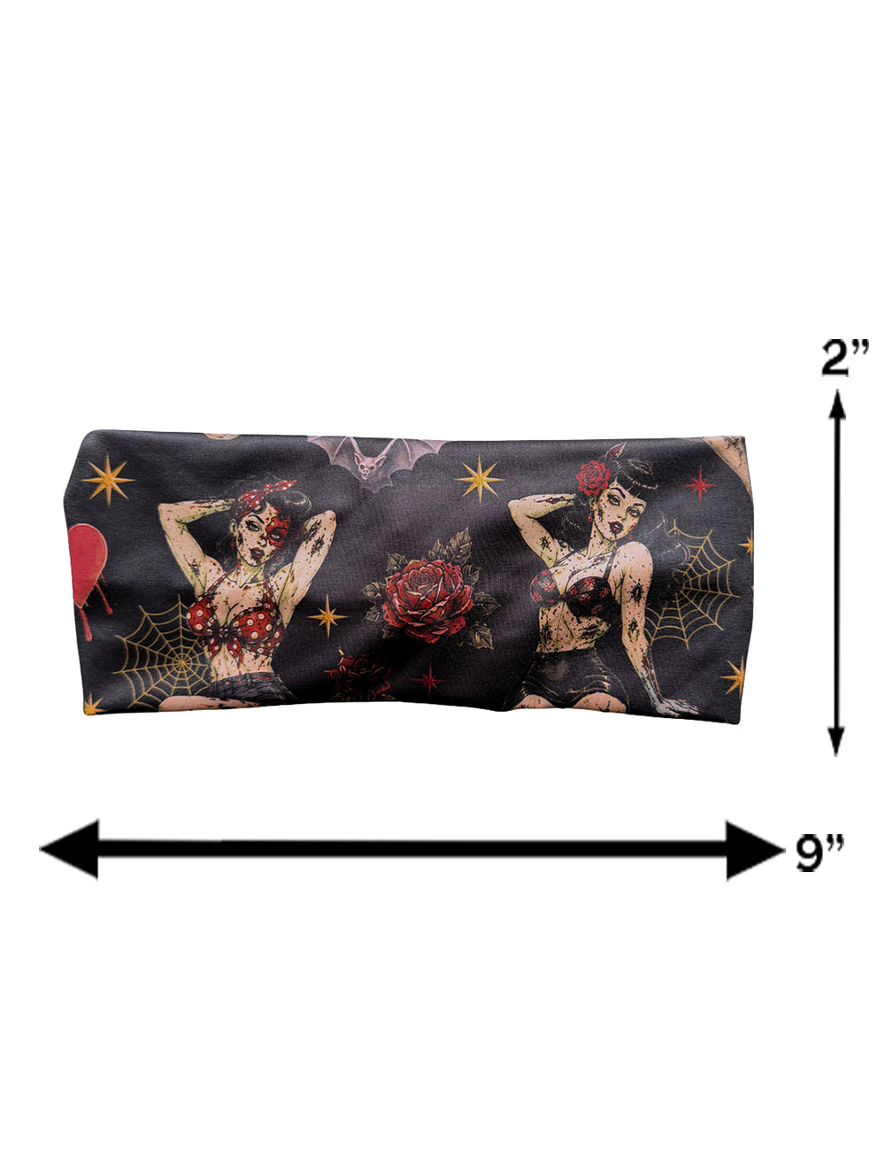 measurement chart for the zombie girls with pin up hair and traditional tattoo designs headband, measurements are 2 inches by 9 inches