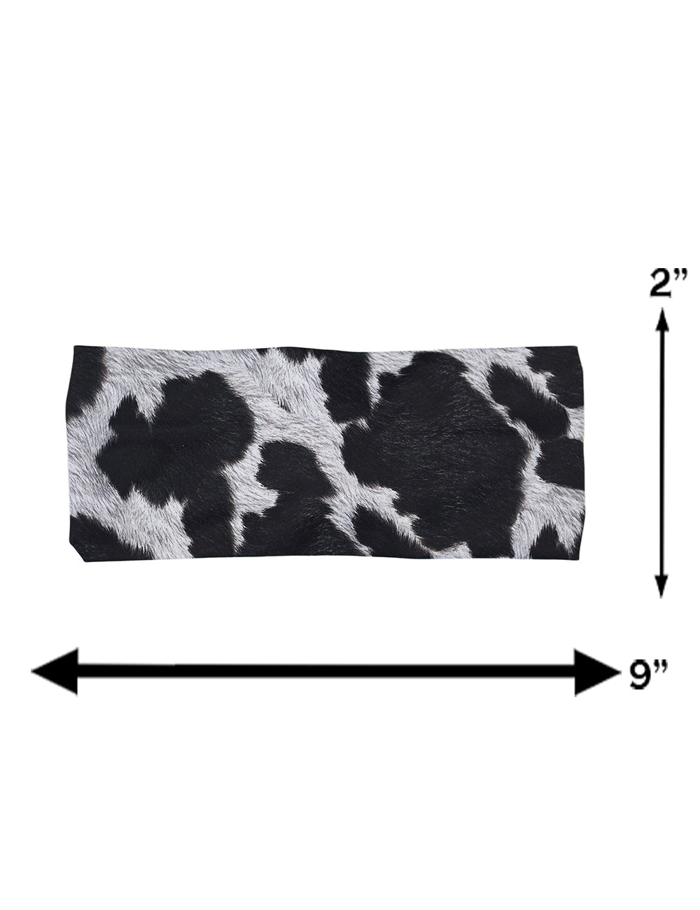 measurements for the cow print headband, measurements are 2 inches by 9 inches