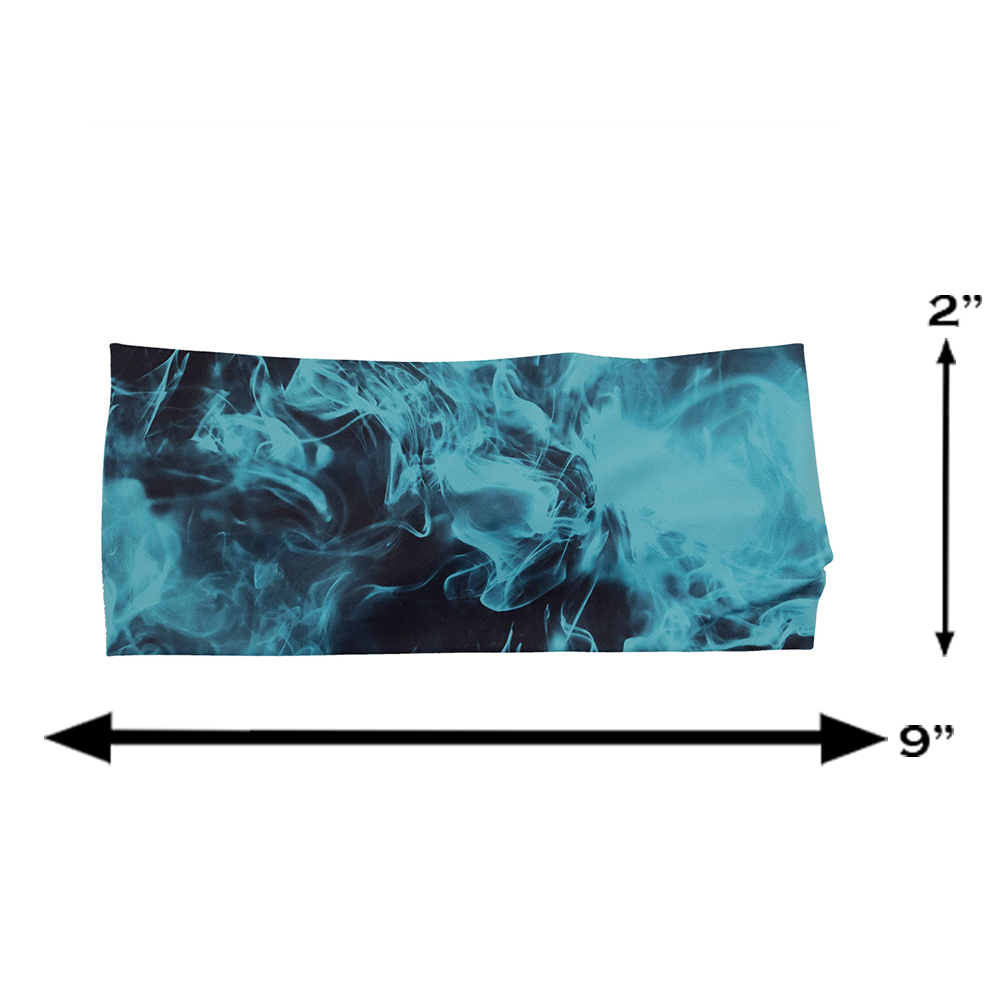 blue smokey headband measuring information, headband is 2 inches by 9 inches