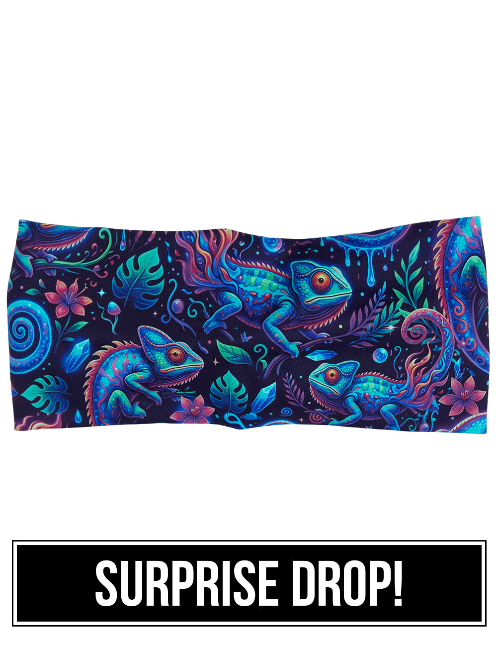 front of the orange, blue, and red chameleons headband, surprise drop