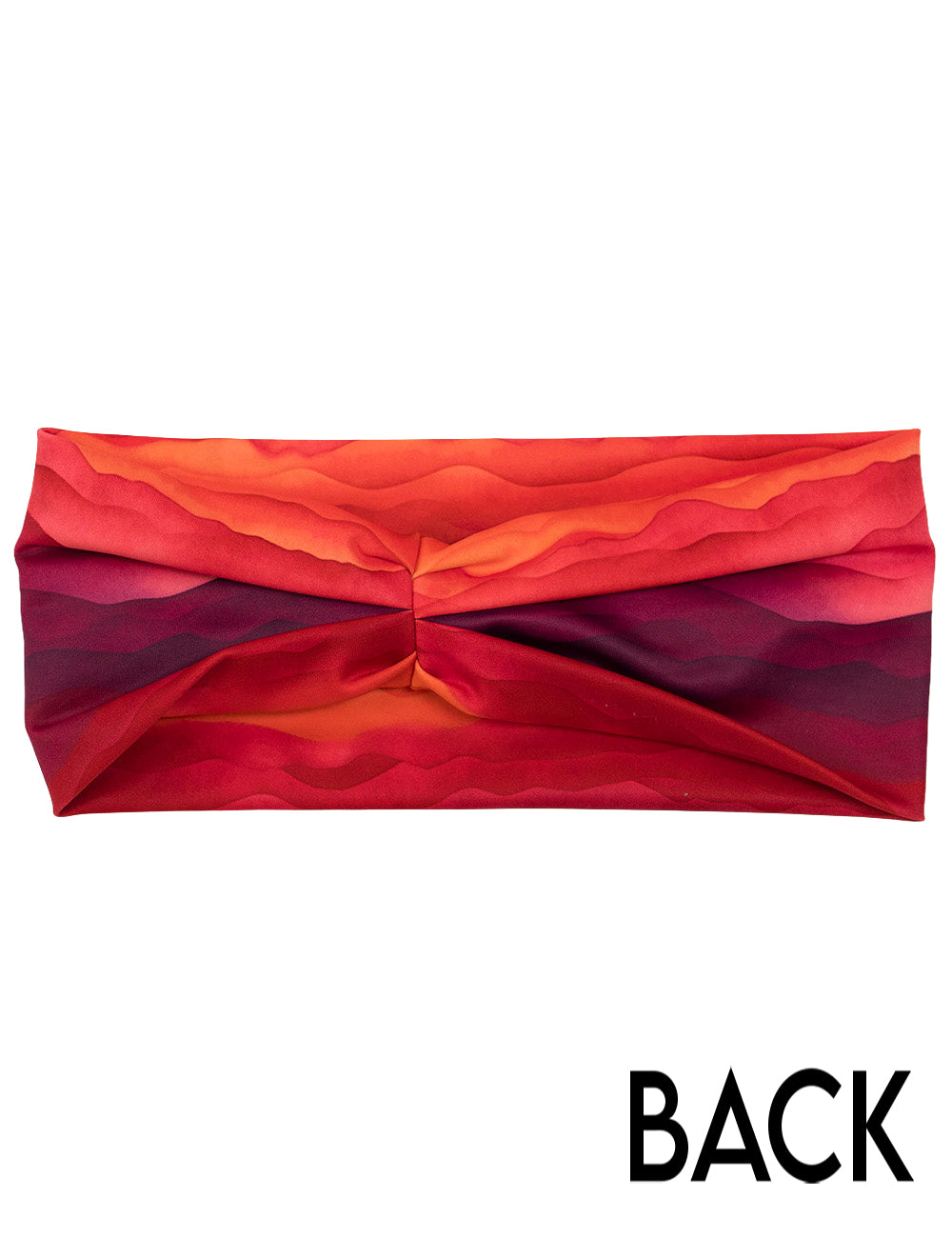 back of the red, yellow, and orange sunset stripes headband against a white background