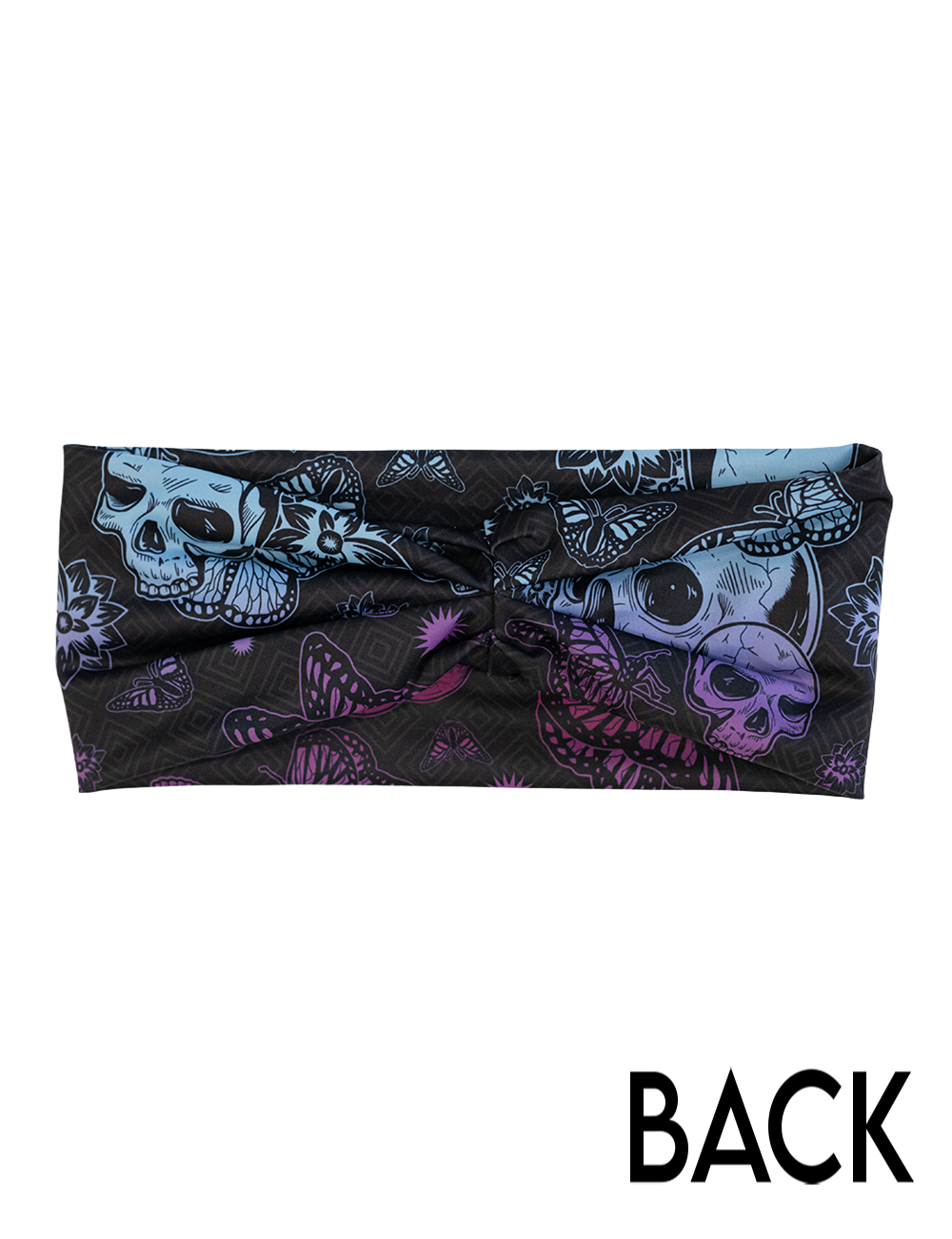 blue and purple skulls surrounded by butterflies headband